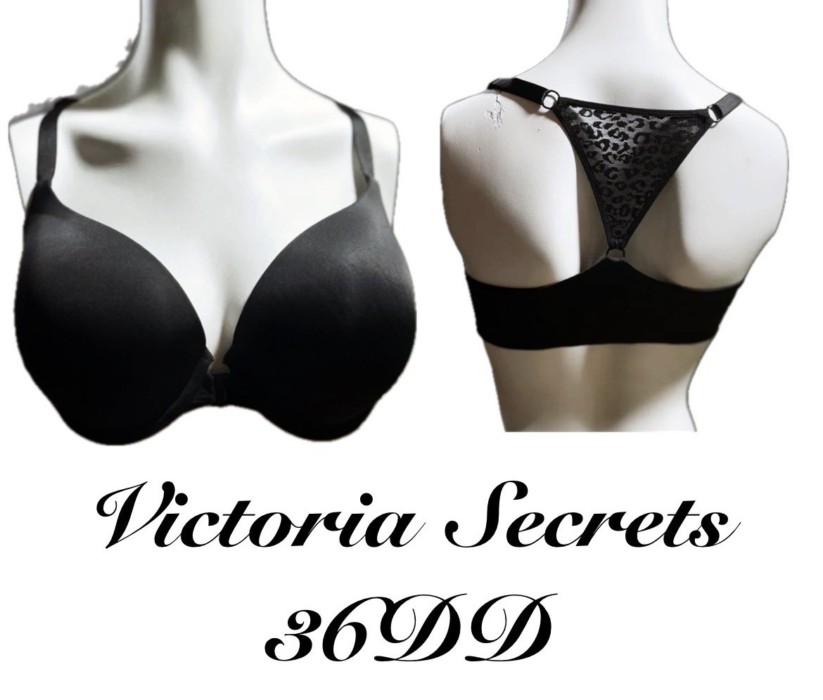 Victoria’s Secret 36DD Bra Black Plunge Push Up Padded Scalloped Lace Trim VS