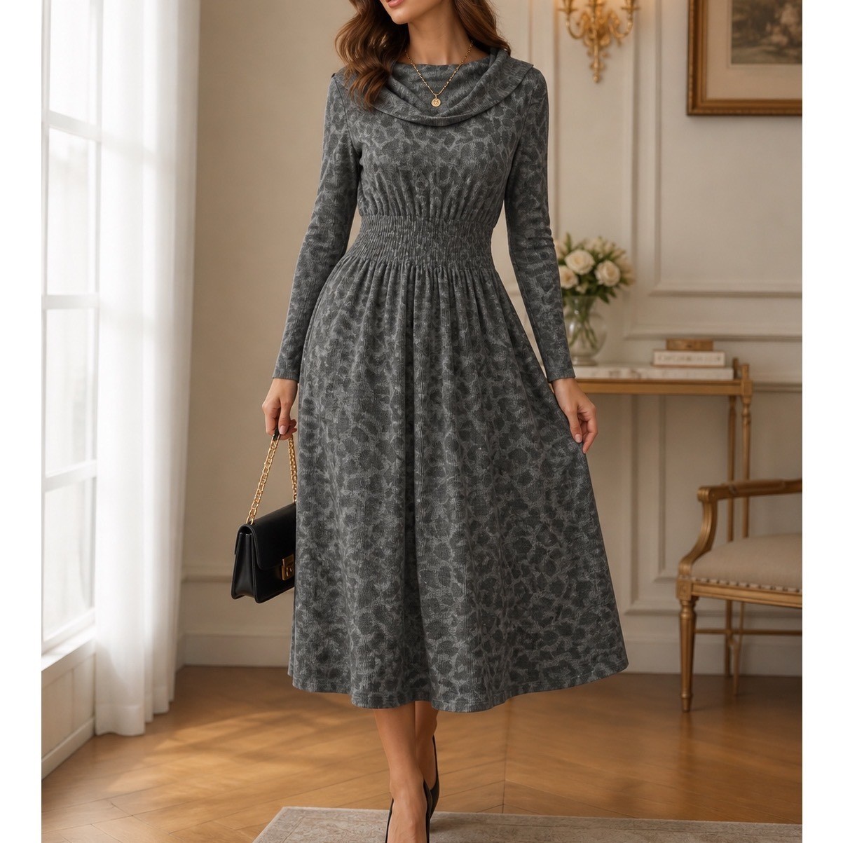 Rebecca Taylor Grey Leopard Print Wool Alpaca Blend Cowl Neck Sweater Dress b2
