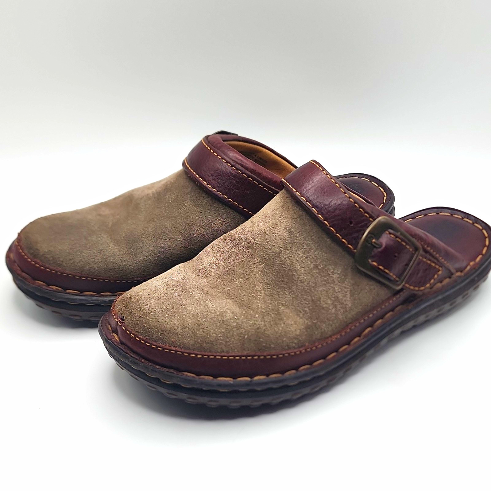 Born Womens Leather Slip-On Clog Mule Sandal w/ Buckle Strap Brown/Gray 7