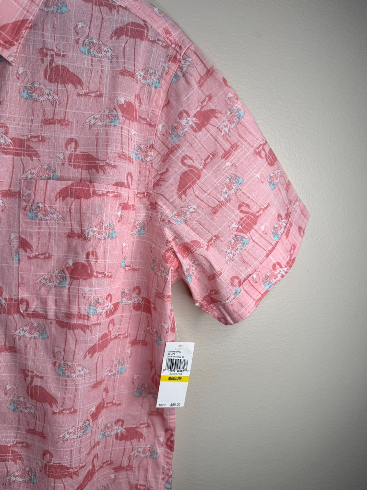 IZOD Saltwater Mens M Pink Flamingo Print Short Sleeve Button Down Shirt Cotton