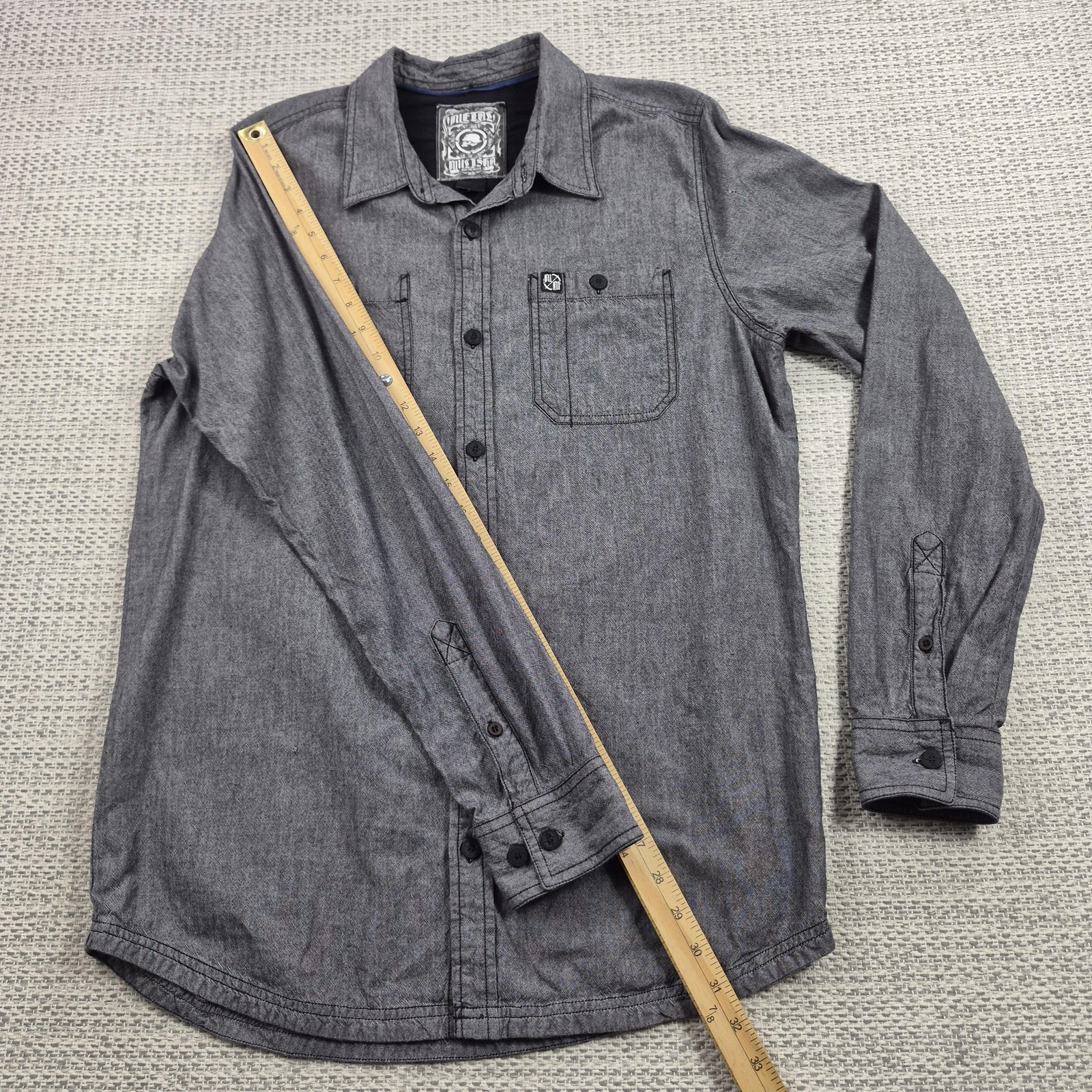 Metal Mulisha Button Up Shirt Mens Large Gray Herringbone Long Sleeve Casual