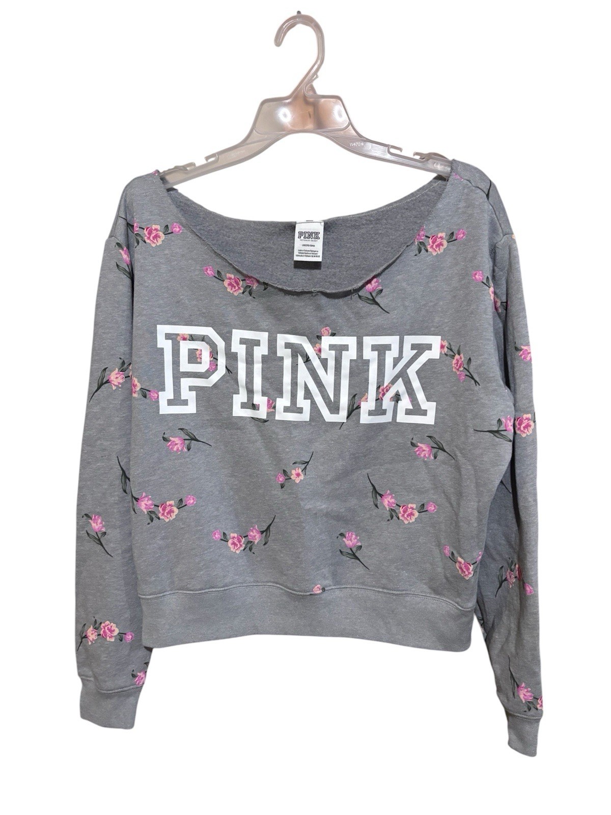 Victoria’s Secret PINK Womens Large Grey Pink Roses Long Sleeve Sweatshirt