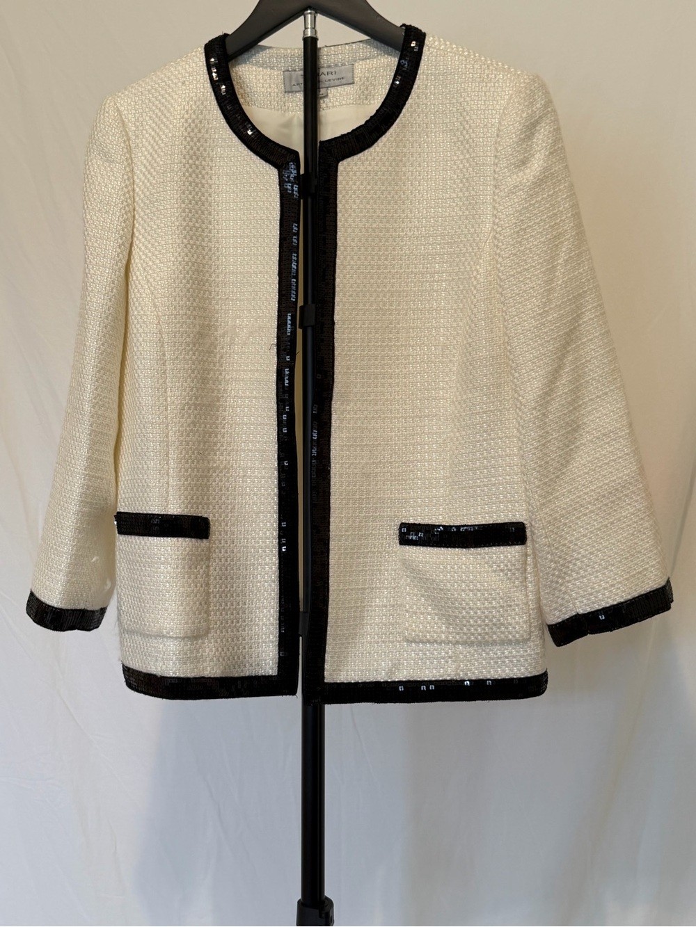 Tahari Arthur S. Levine Ivory Tweed Sequin Trim Open Front Jacket Blazer Size 10