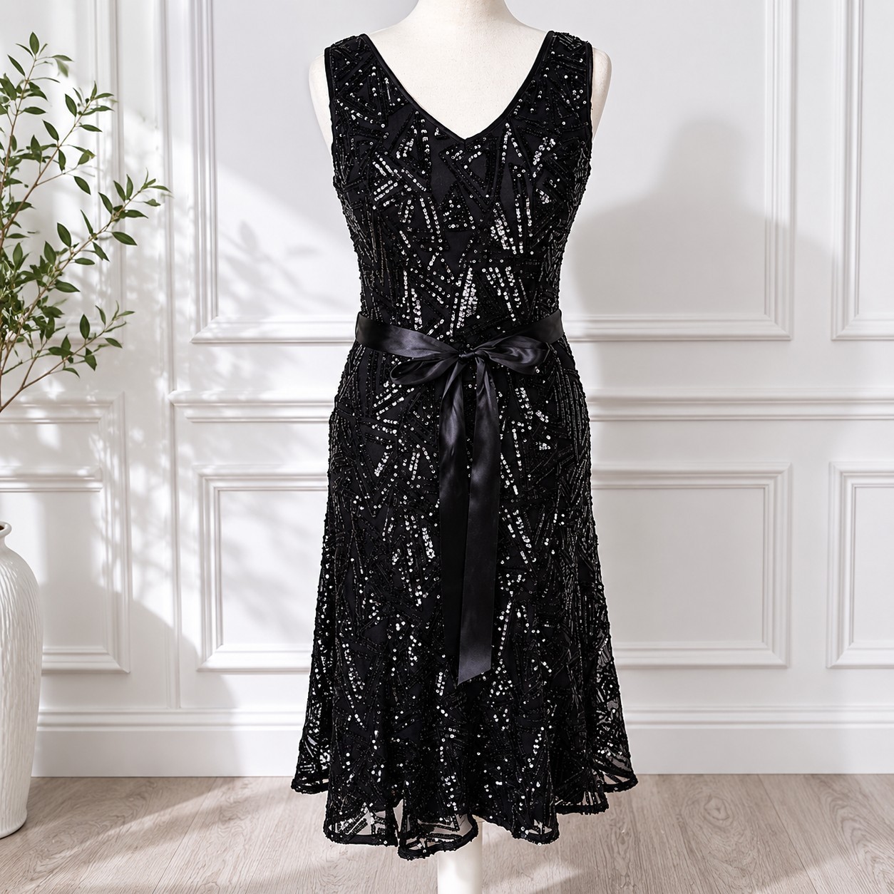 Quiz Black Sequin Beaded Cocktail Party Dress Flapper Gatsby UK 8