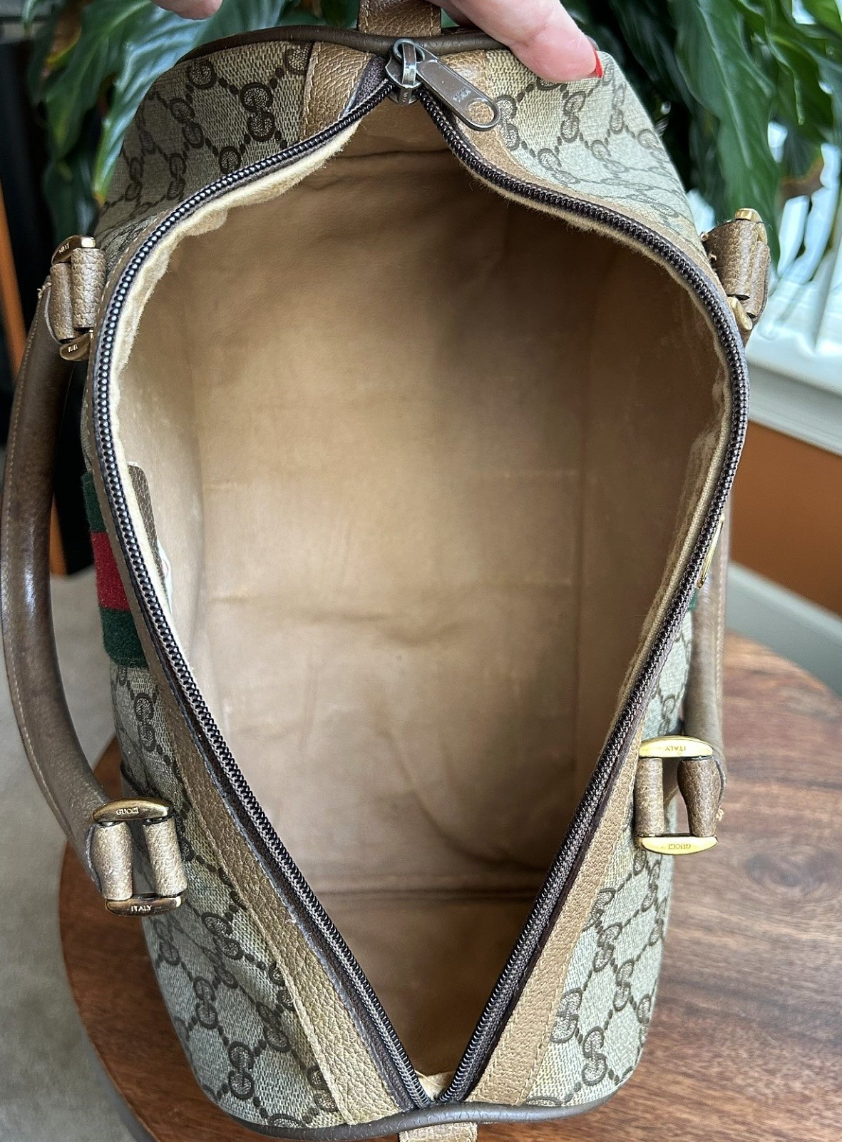 GUCCI GG Supreme Monogram Sherry Web Boston Bag, Tan