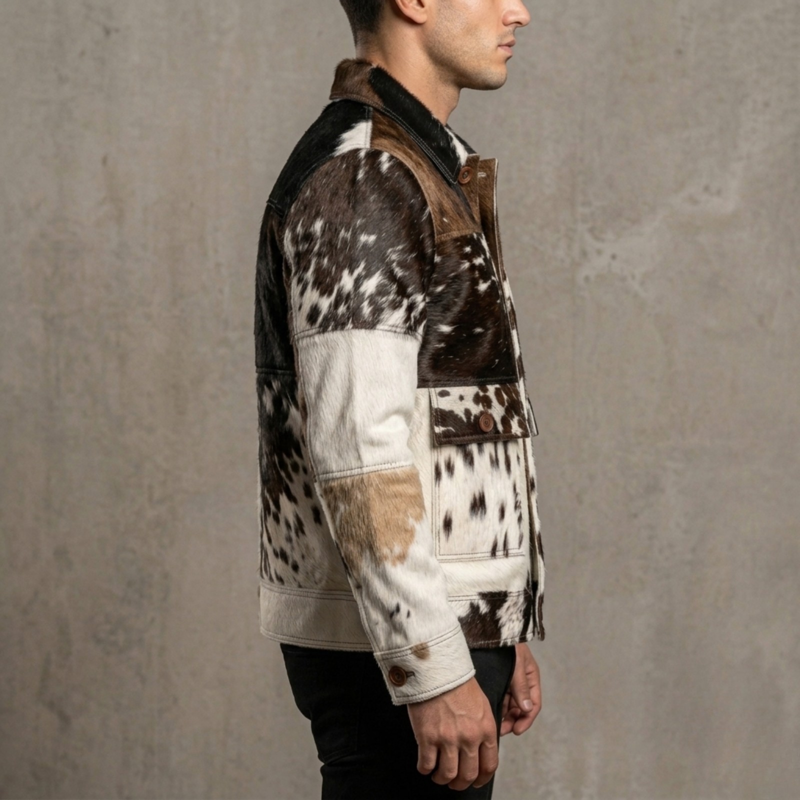 Men’s Brown & White Cowhide Leather Jacket Hair On Hide Western Bomber Jacket Po