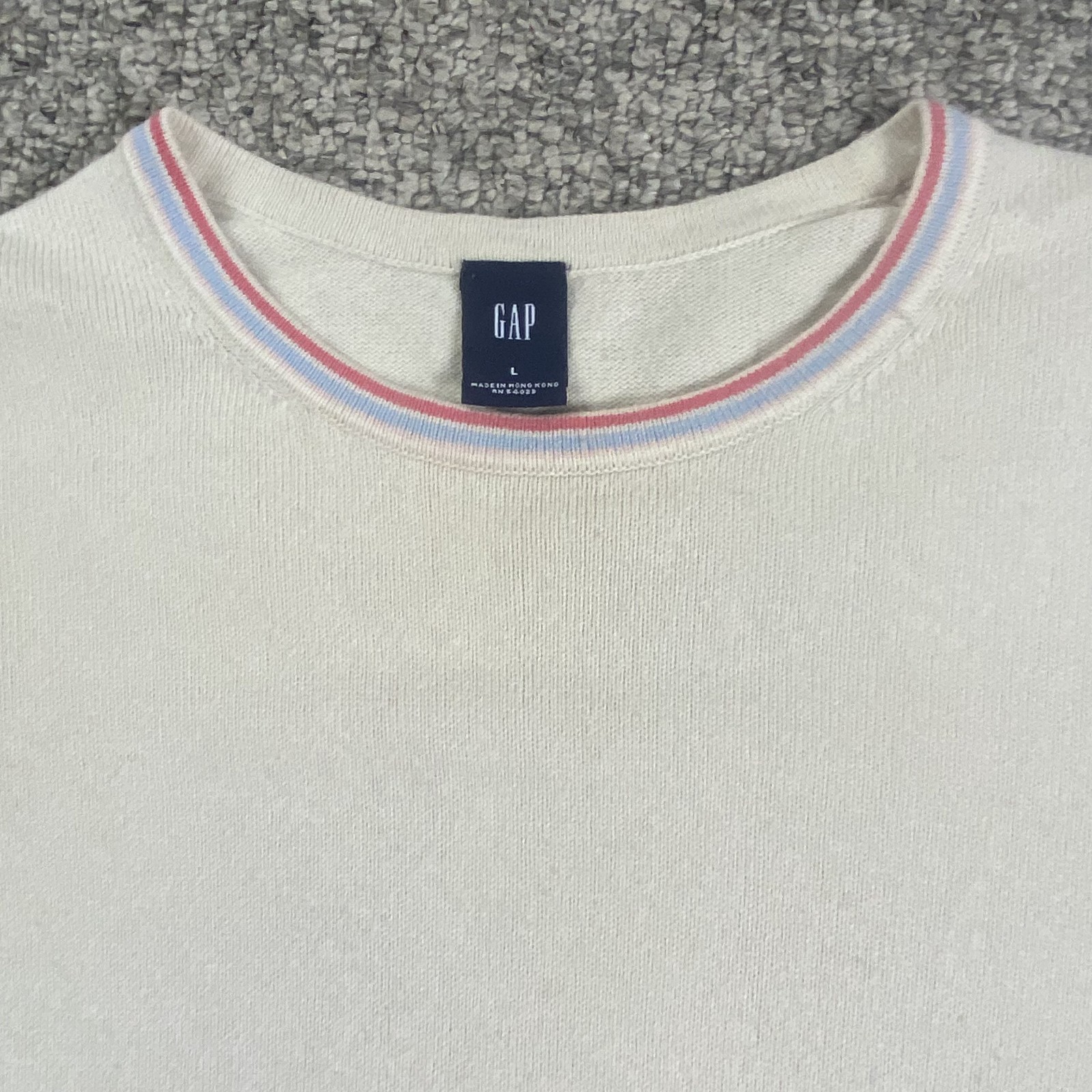 VTG GAP Sweater Womens Large Ivory Pink/Blue Crew Neck Cotton Cashmere Hong Kong