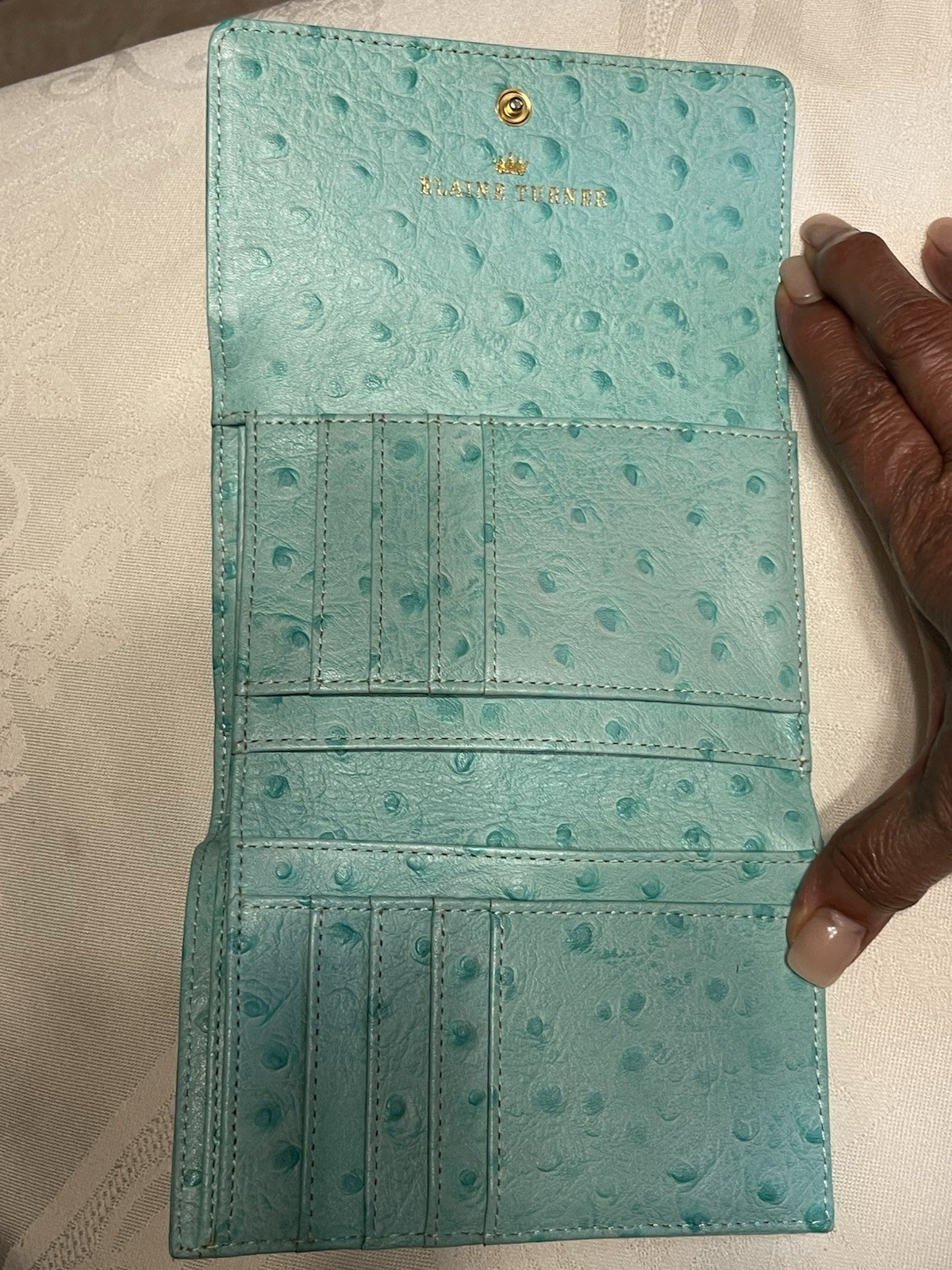 Elaine Turner Turquoise Ostrich Leather/StrawWallet New Without Tags