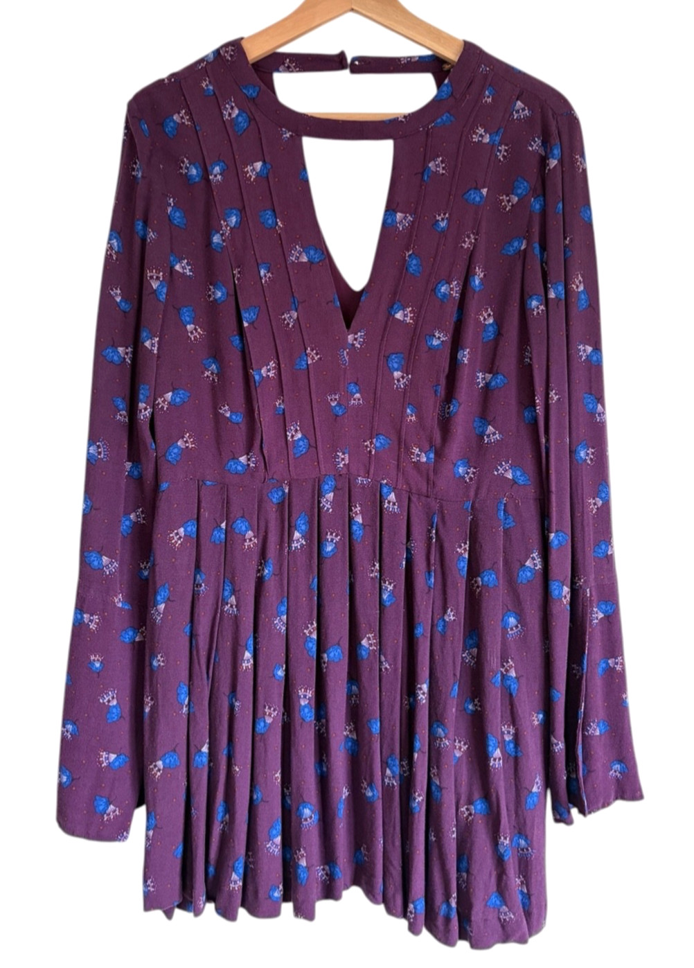 Free People Tegan Mini Dress Size 8 Bell Sleeve Purple Blue Floral Boho Babydoll