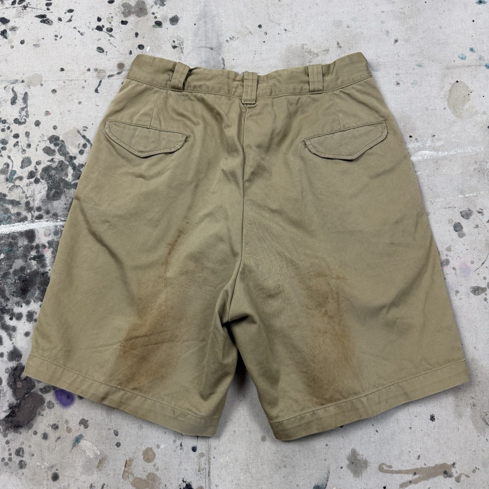 Vintage 50s US Military Khaki Cotton Twill Pleated Shorts Men 32 Army Korean War