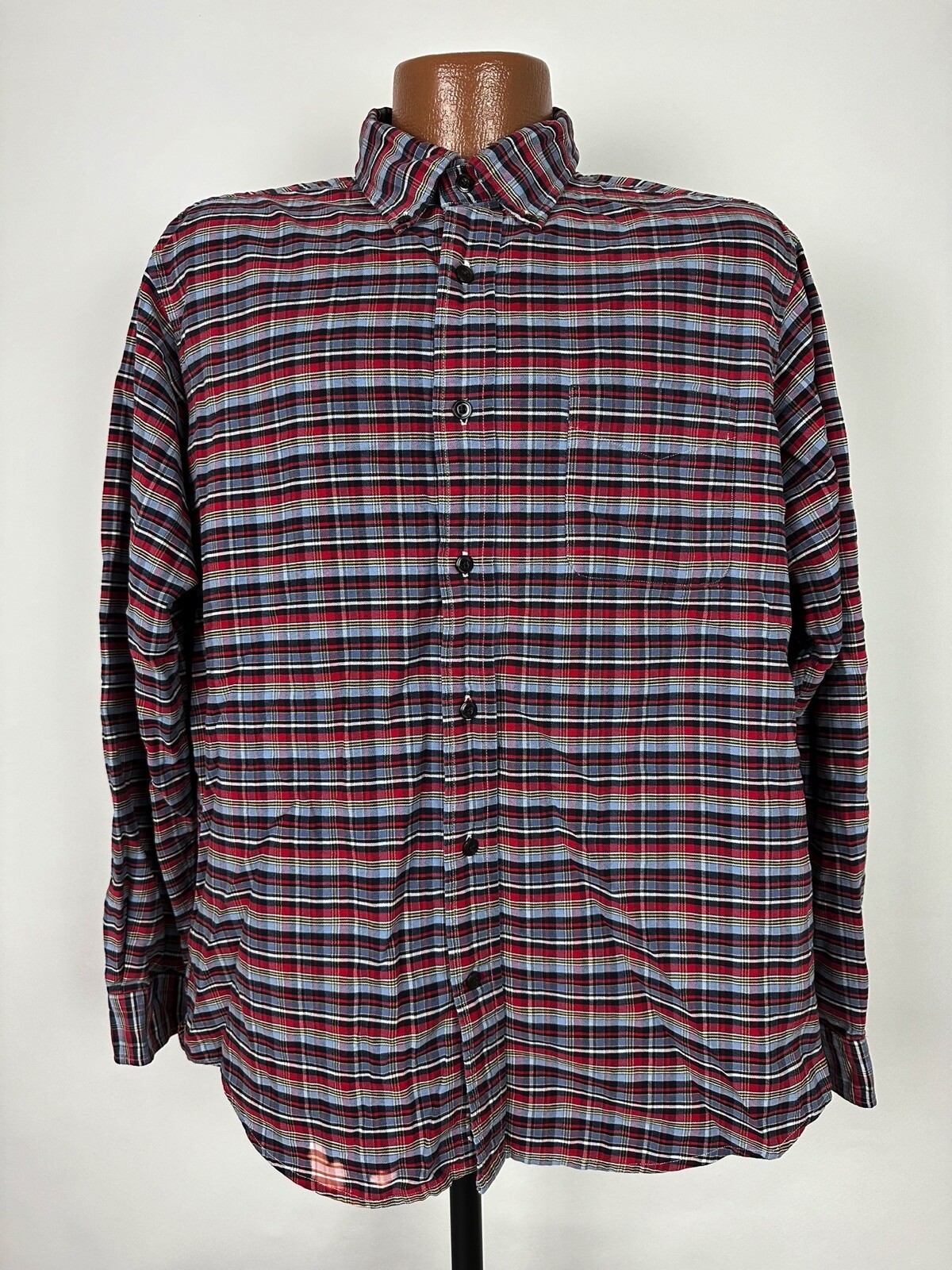 Vintage Oxford Shirt Men Large Casual Gray Red Plaid Button Down Cremieux STAIN