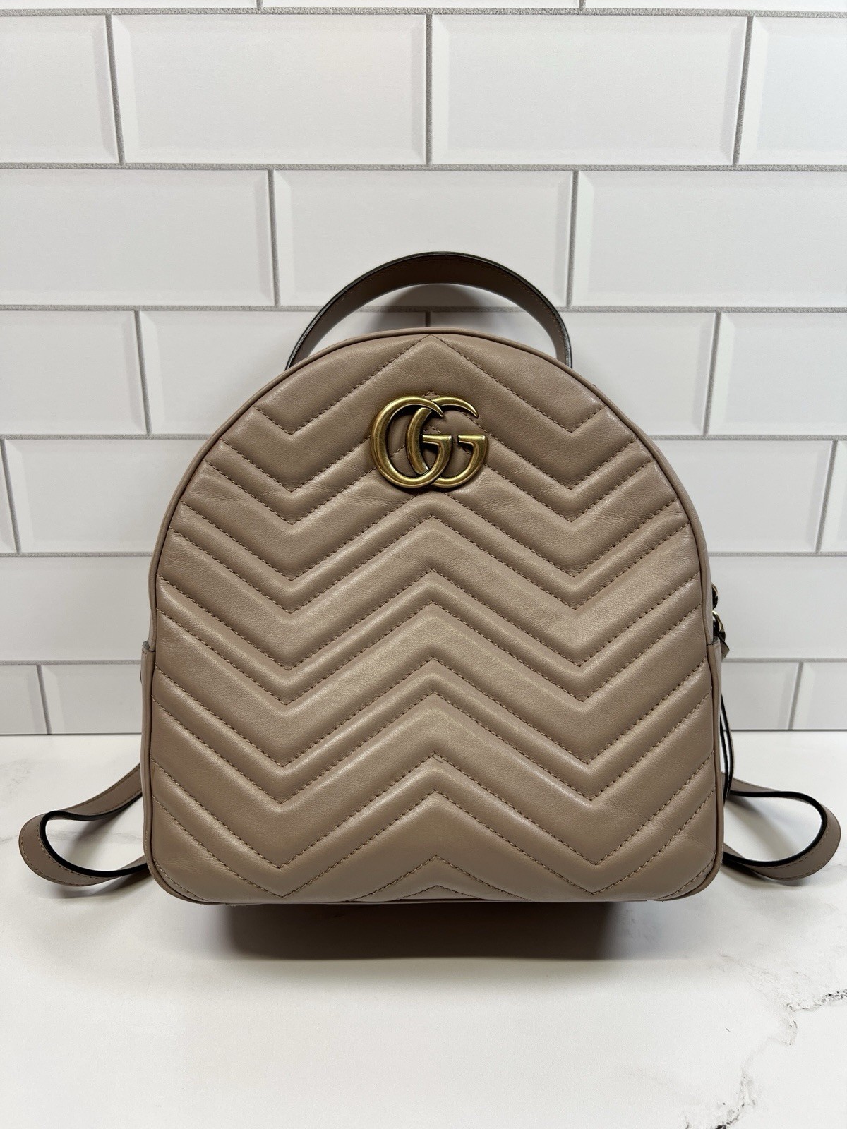 Gucci GG Marmont Calfskin Matelasse Leather Chevron Backpack Purse Bag
