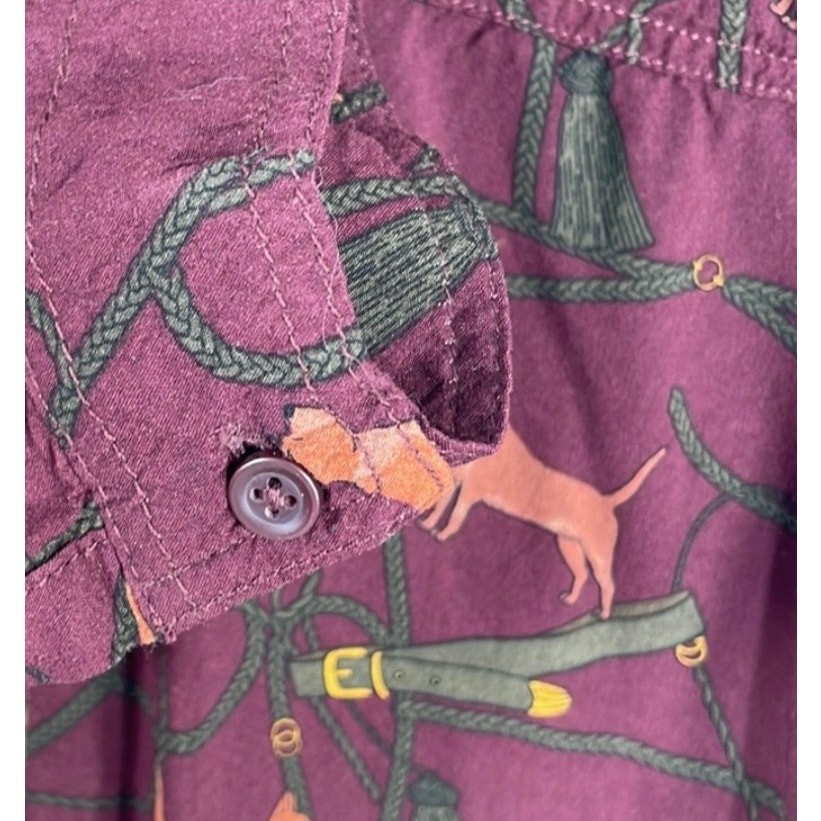Beach lunch lounge all over dog puppy print button front burgundy blouse sz M
