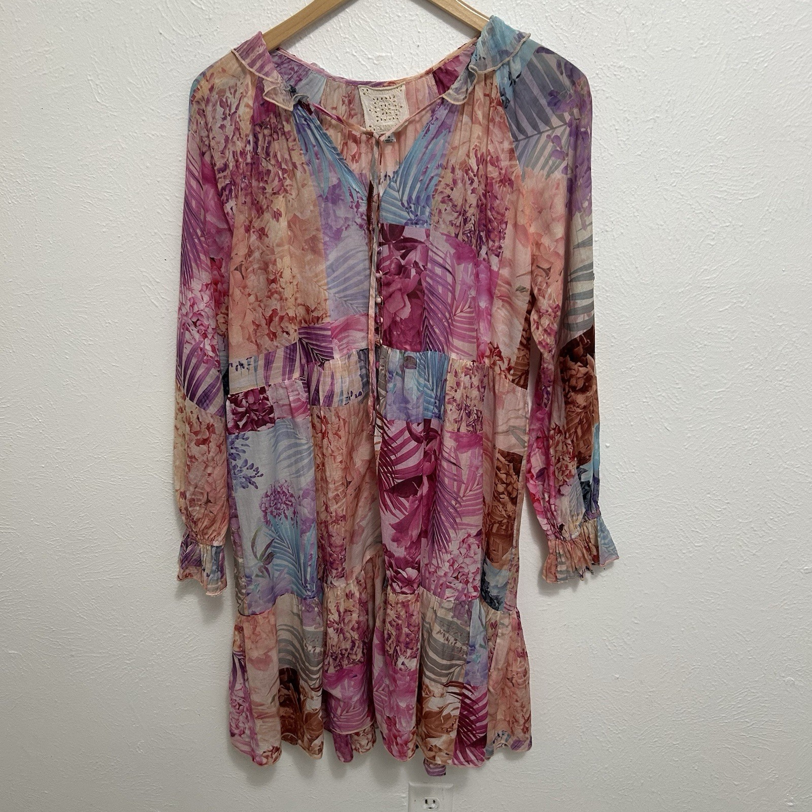 Johnny Was Colorful Patchwork Jade Etta Floral Cotton Silk Mini Dress Sz M READ