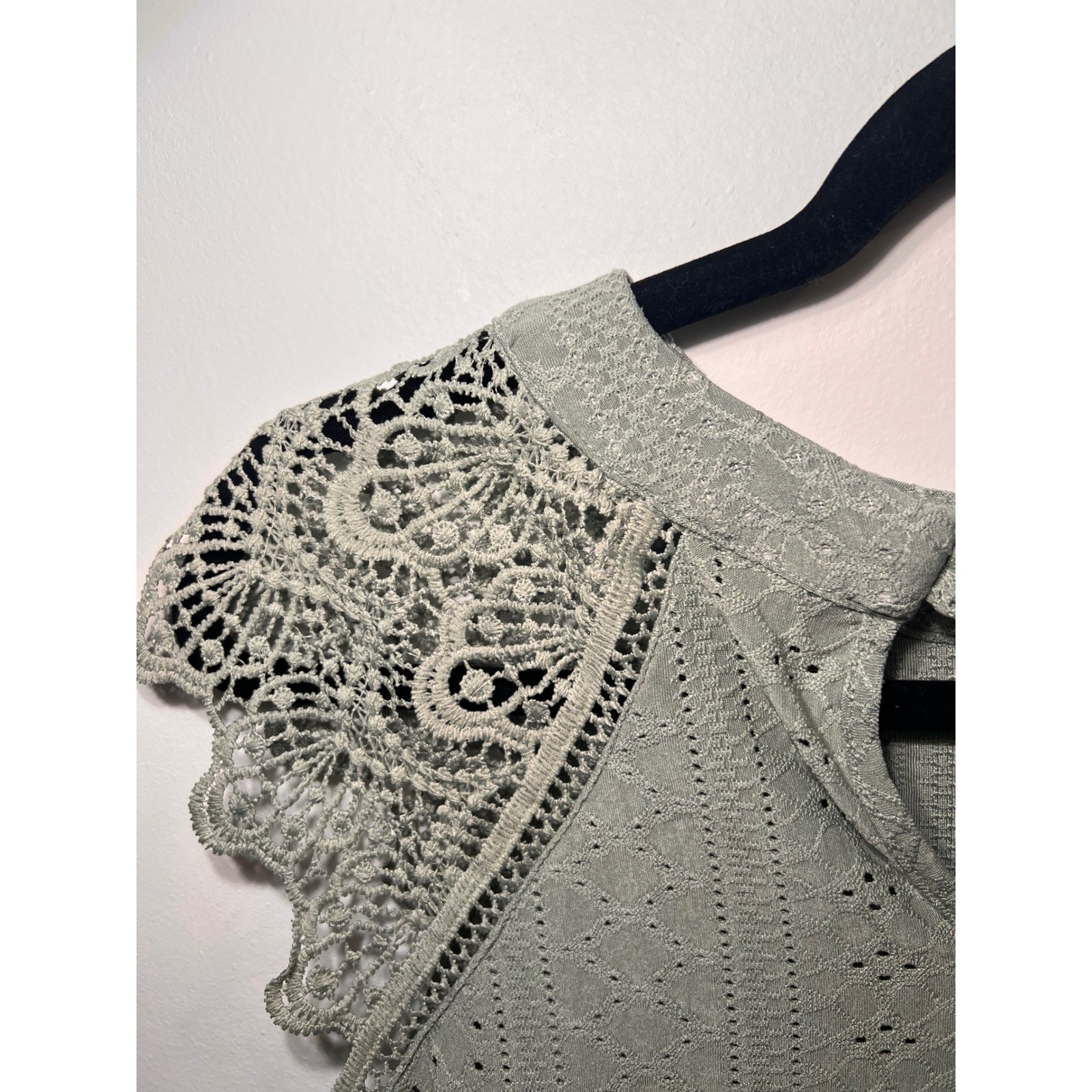 Boho Crochet Lace Trim Sage Green Cap Sleeve Top- Large