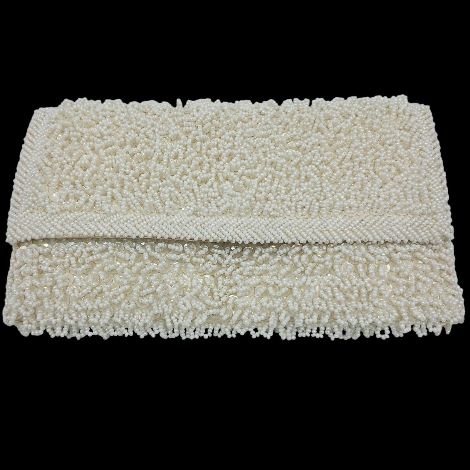 Vtg Bradlees Hong Kong White Beaded Clutch 8×5 Satin Lined Seed Beads VGC
