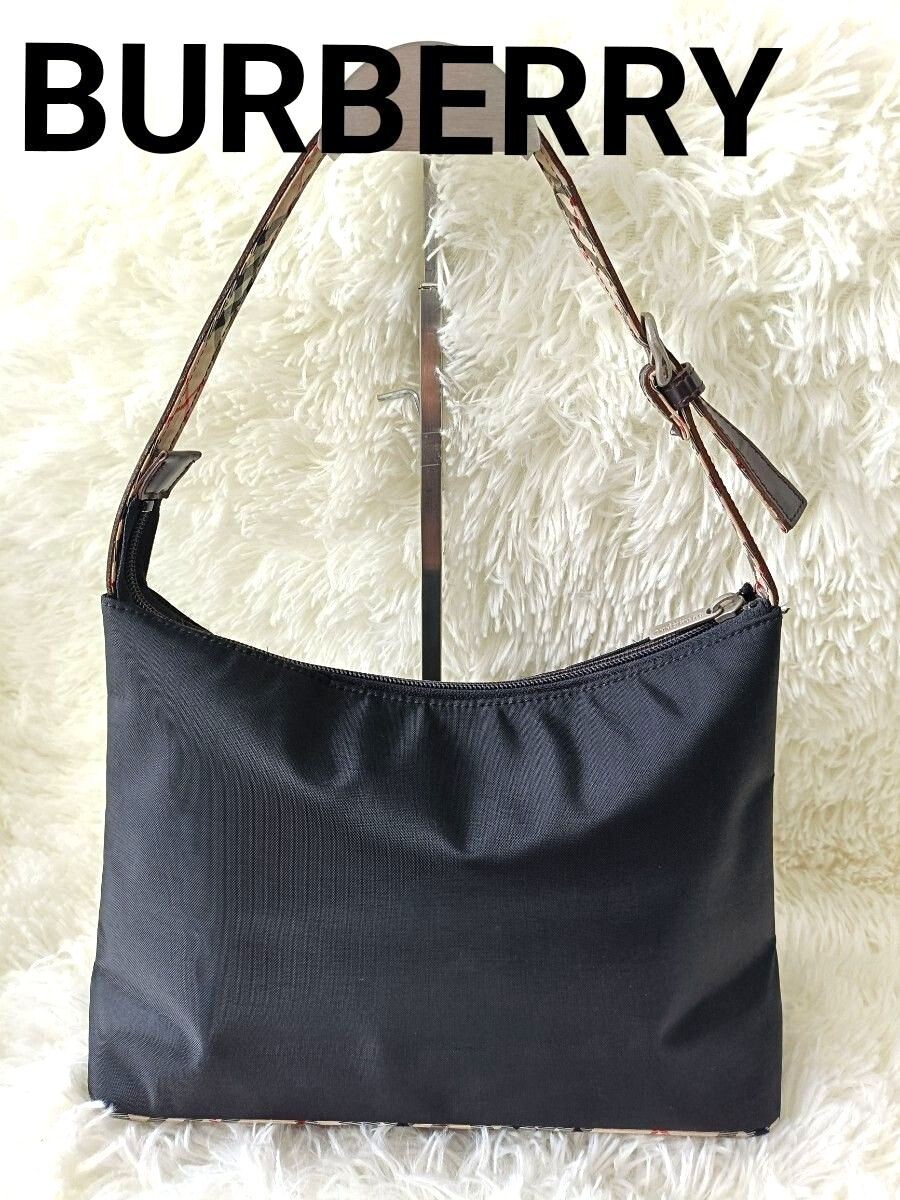 Burberry Nova Check Black Nylon Leather Shoulder Bag Vintage Women 20cm