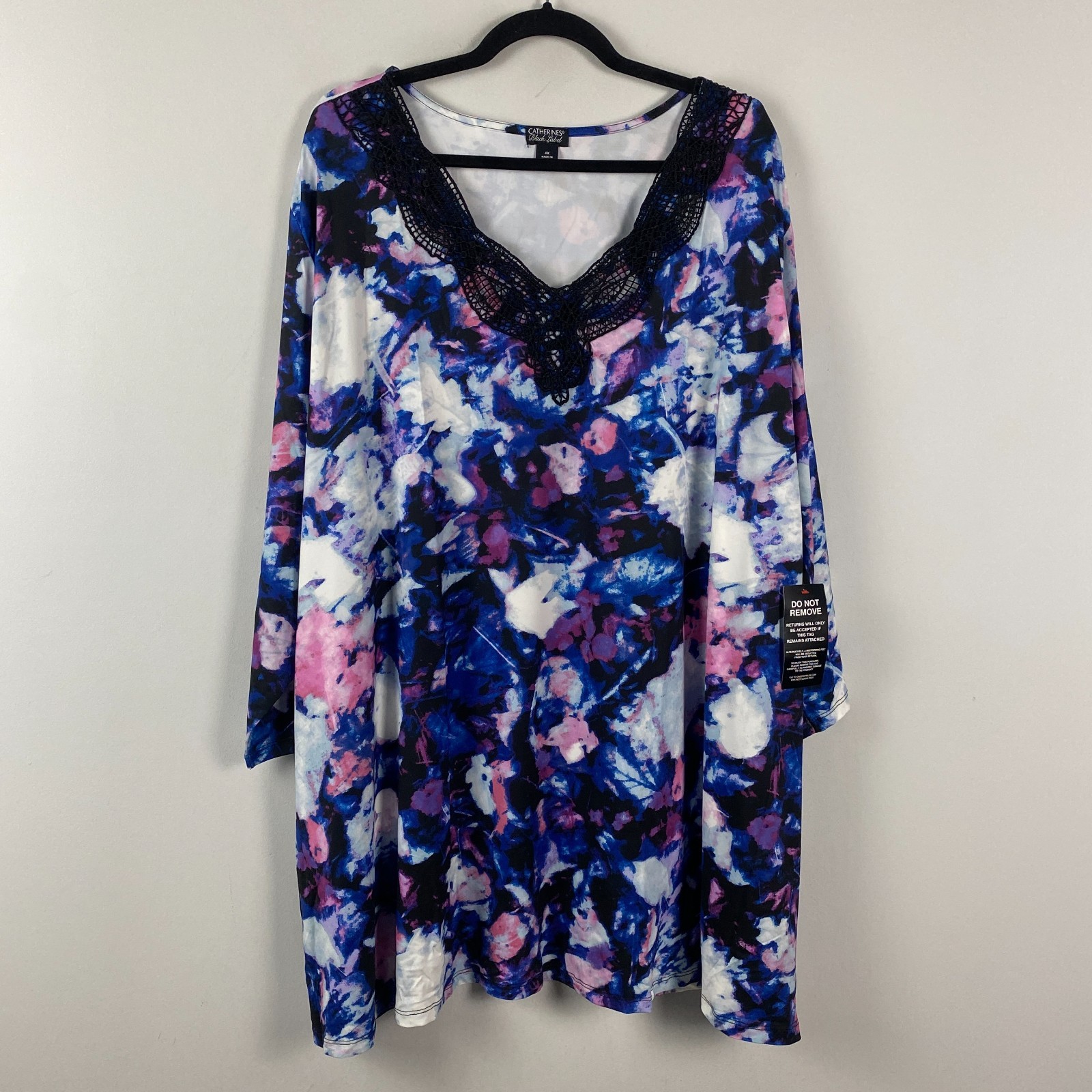 Catherines Applique Trimmed Tunic Size 4X Abstract Floral 3/4 Sleeves V Neck