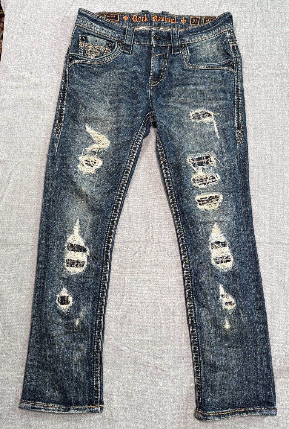 Rock Revival Akito Slim Straight Jeans Mens 31 Blue Cotton Low Rise Distressed
