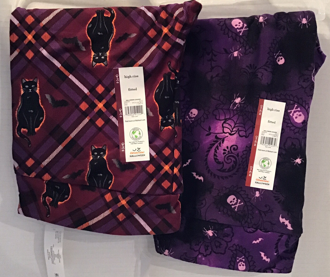 Women’s S M L XL XXL XXXL Cat OR Skull Halloween Purple Leggings High Rise