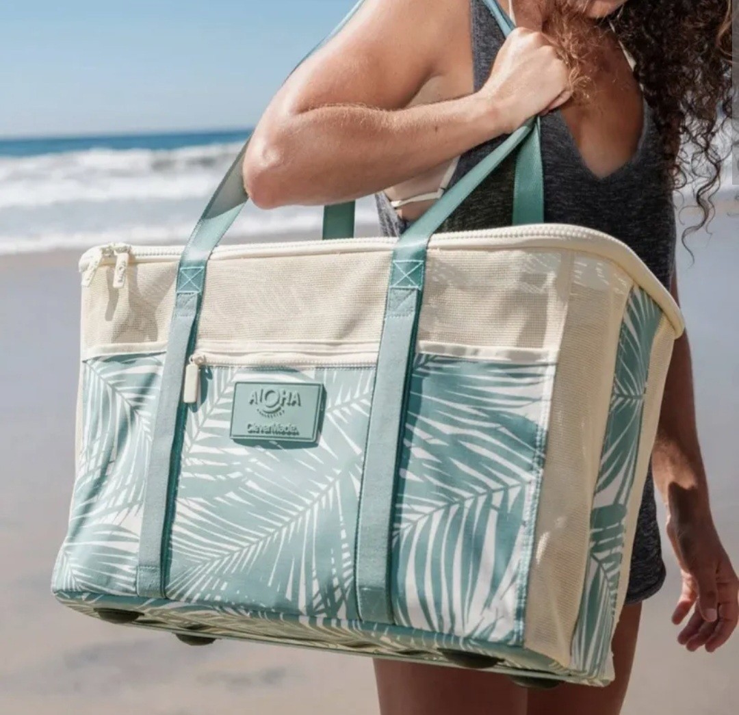 Aloha CleverMade Collapsible Mesh Paneled Beach Tote Green Beige Tropical Zip