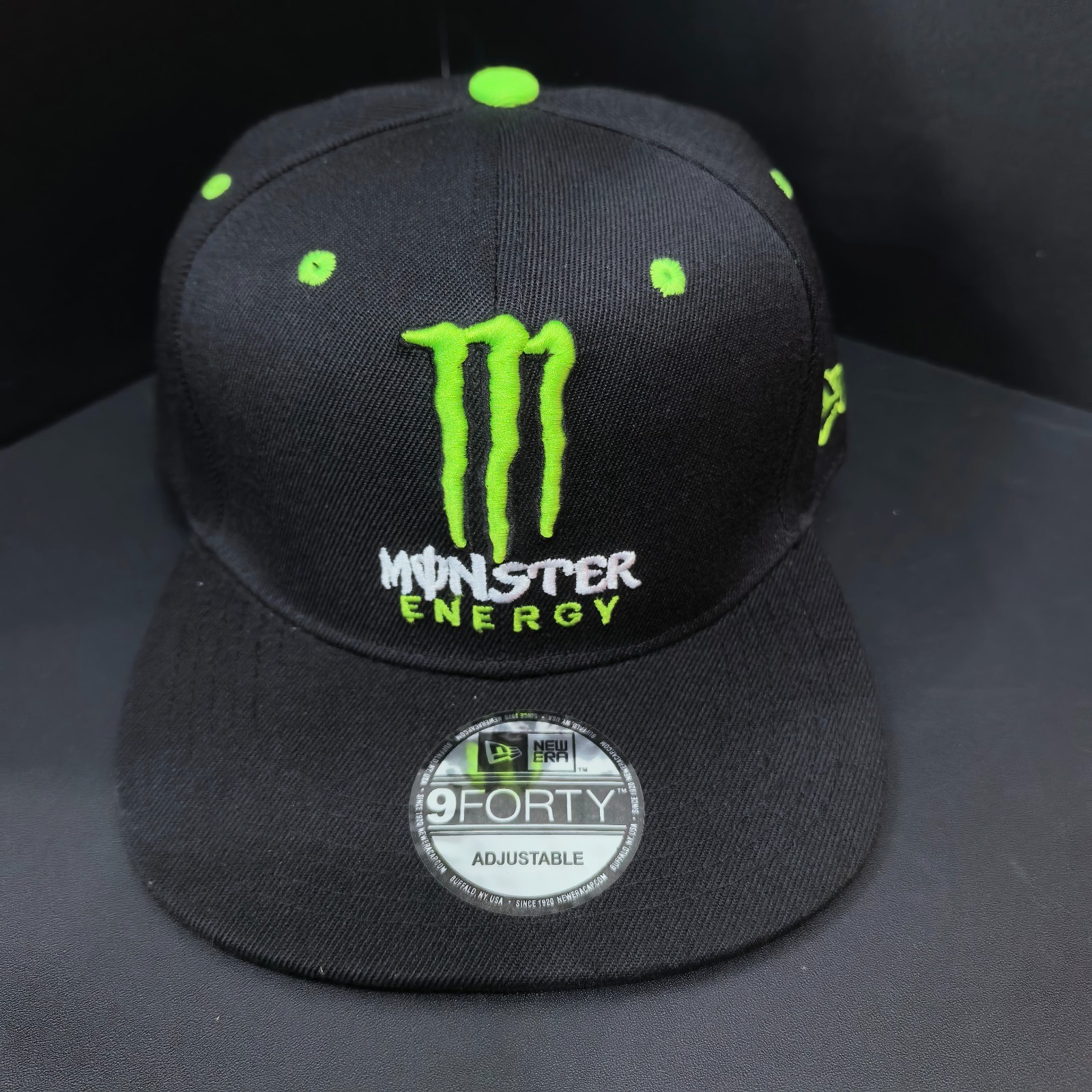 Monster Energy Black Flat-Brim Cap with Bright Green Embroidered Logo