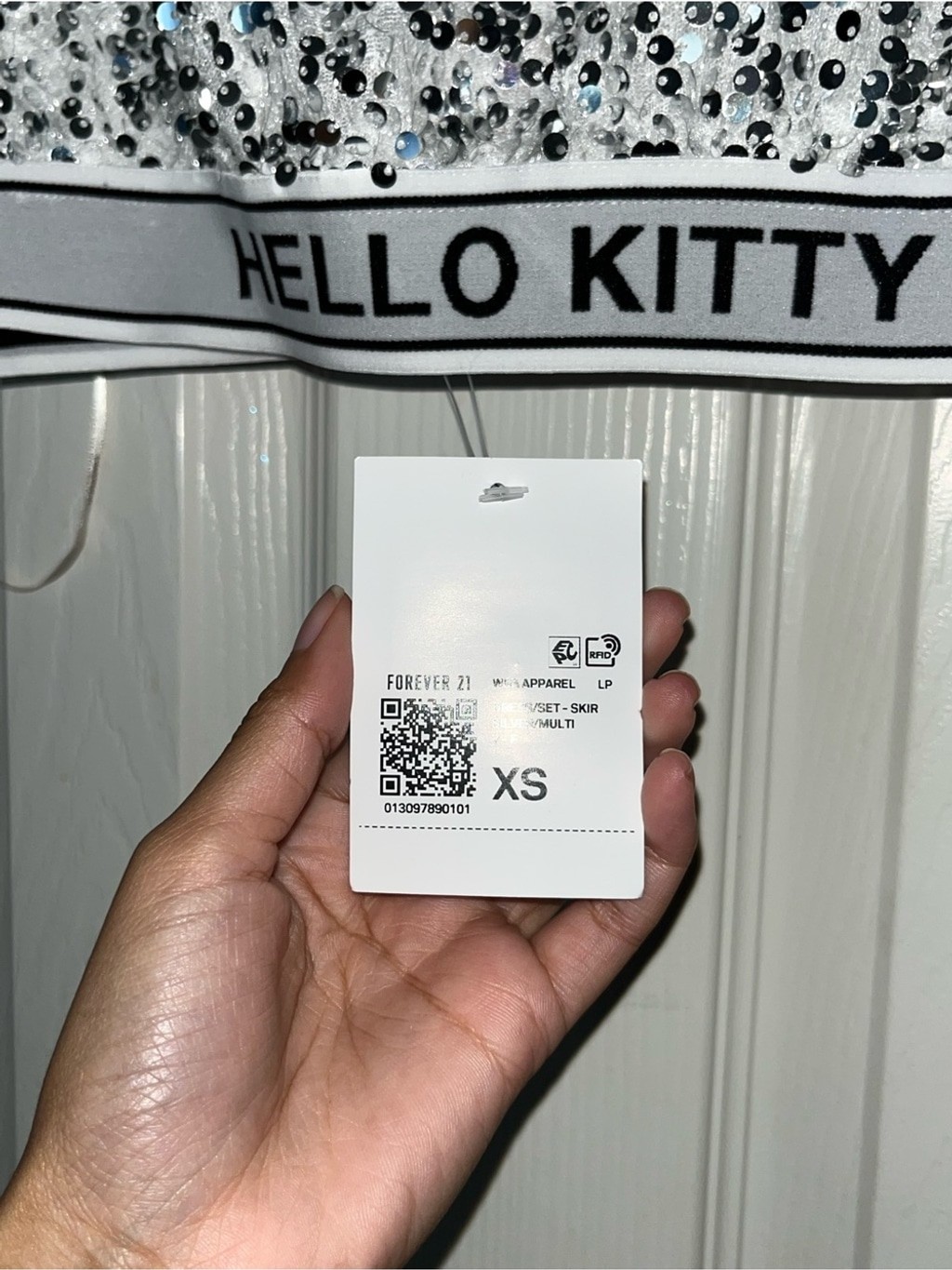 Forever 21 White and Silver Sequin Hello Kitty Crop Top and Skirt