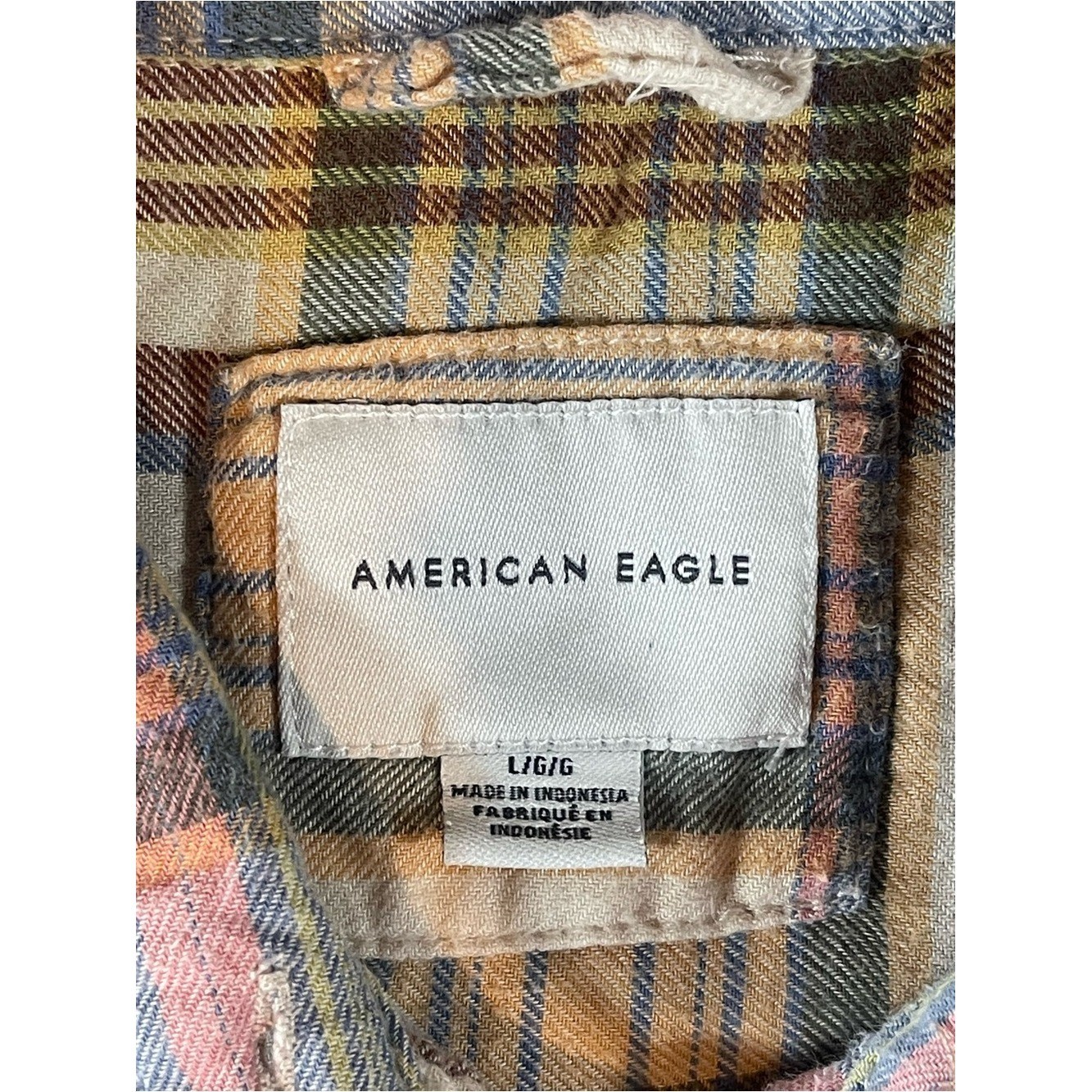 American Eagle Oversized Plaid Button-Up Shirt in Cream, Olive & Pink