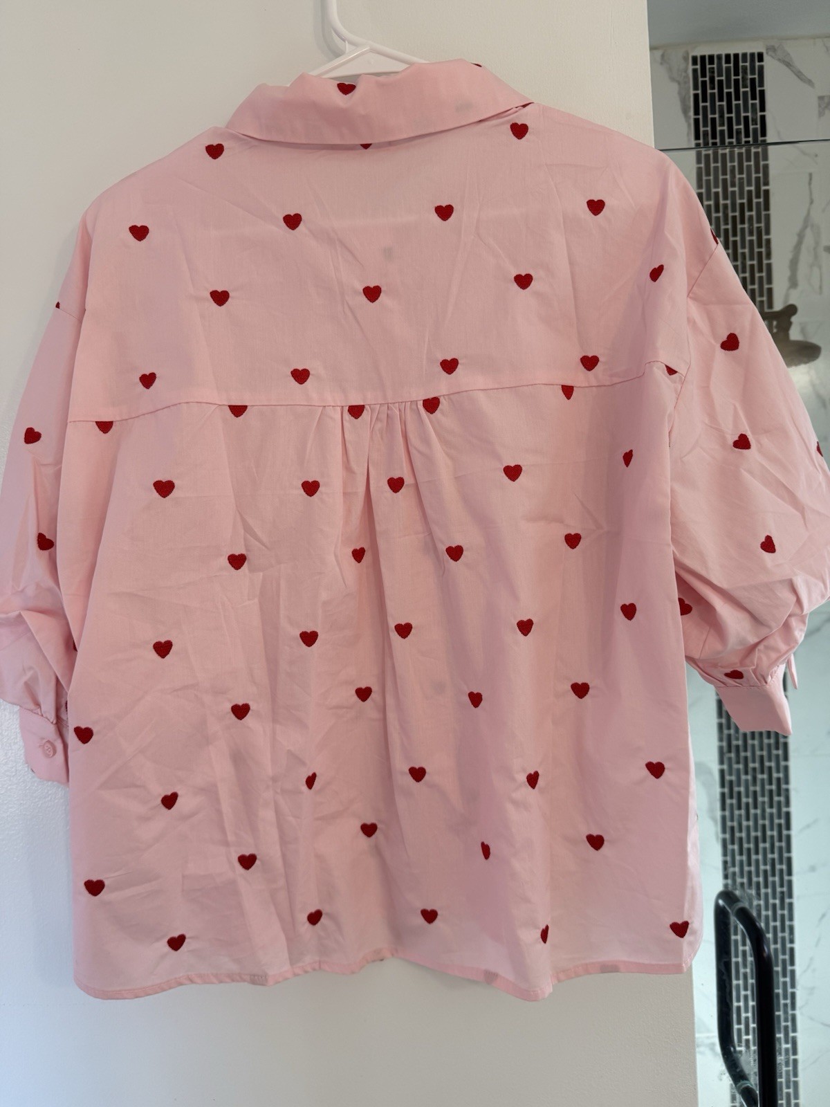 Heart Embroidered Button Down Blouse With Puff Sleeves Size M