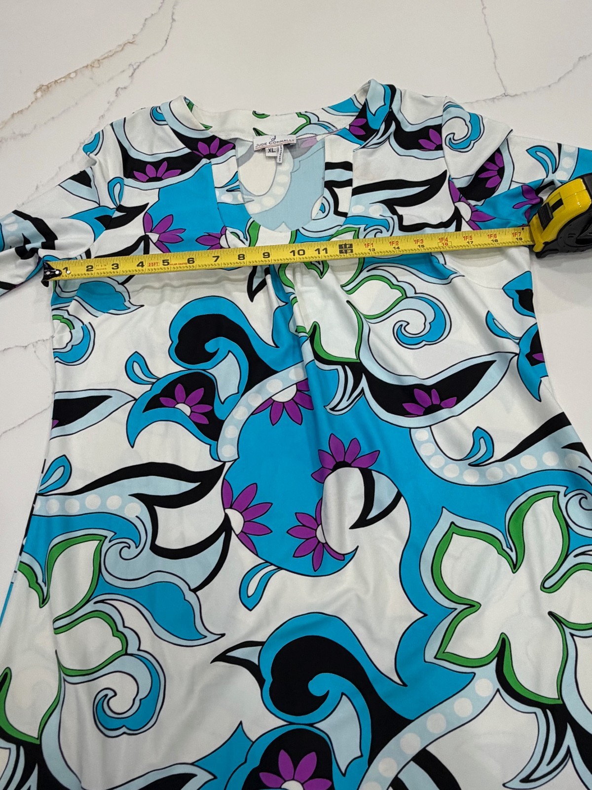 Jude Connally Turquoise and White Jersey Shift Dress Size XL 3/4 Ruffle Sleeve