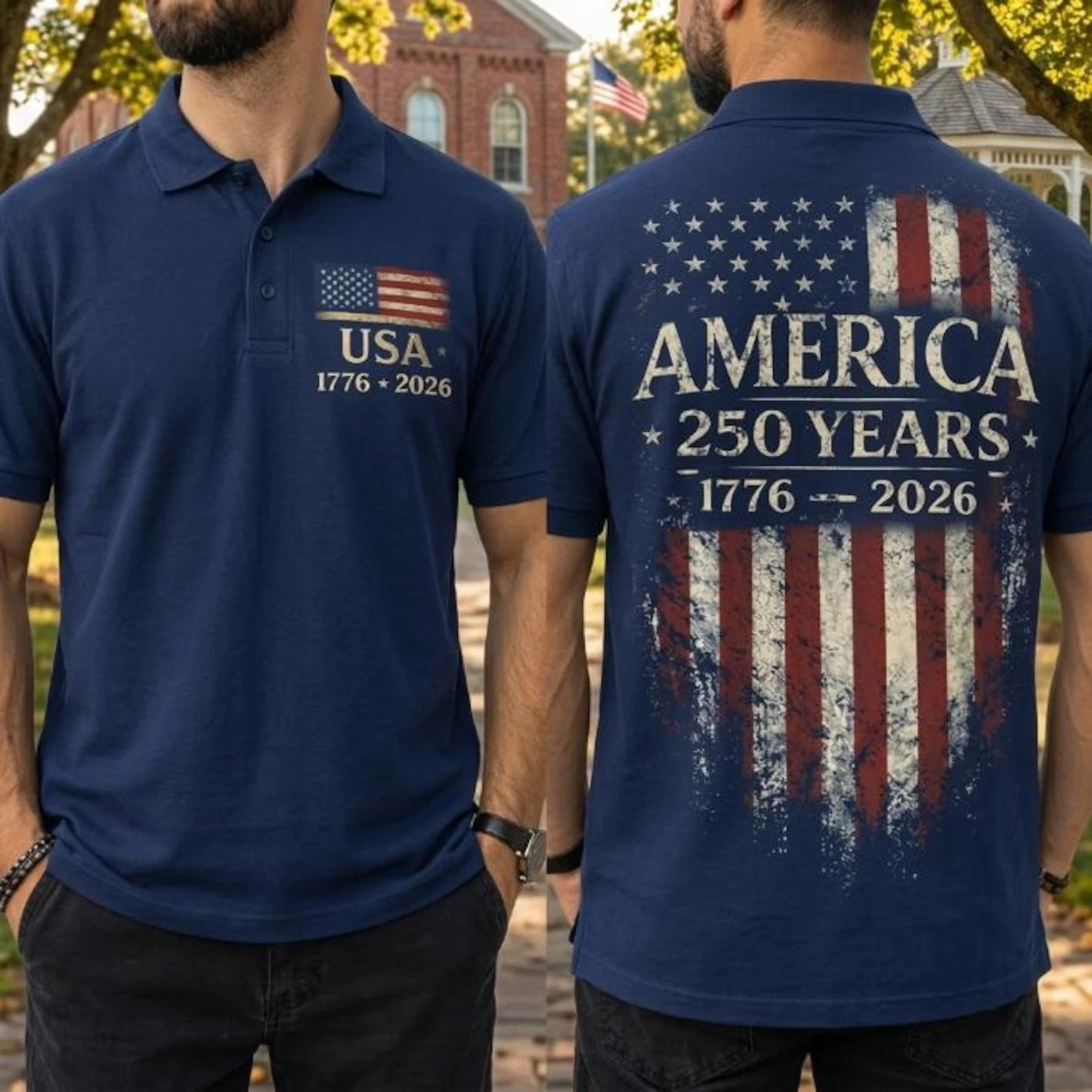 America 250 Years Patriotic Polo Shirt 1776–2026 USA Flag Golf Polo Veteran Gift