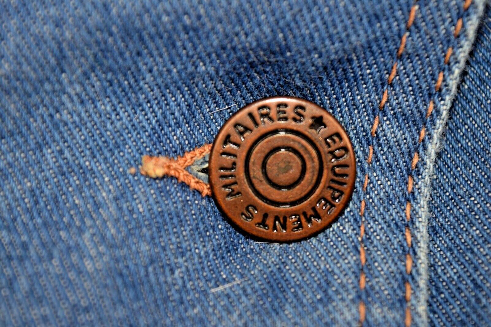 Denim Jacket VTG 70s French Militaires Equipements Leather Trim Fitted Sz S/M