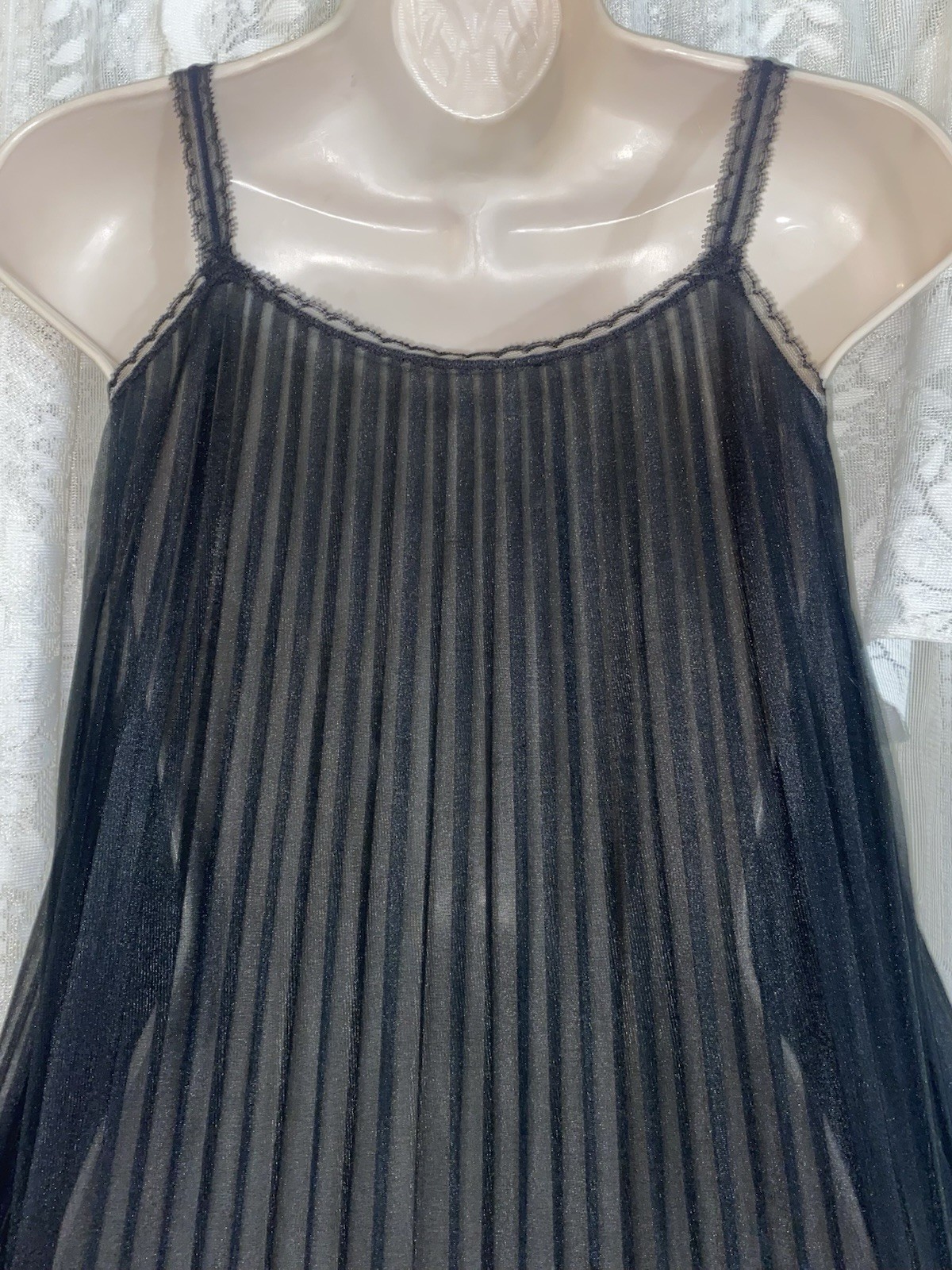 Vtg S Black Charmode Db Pleated Sheer Chiffon Nightgown w Lace Overlay Bodice