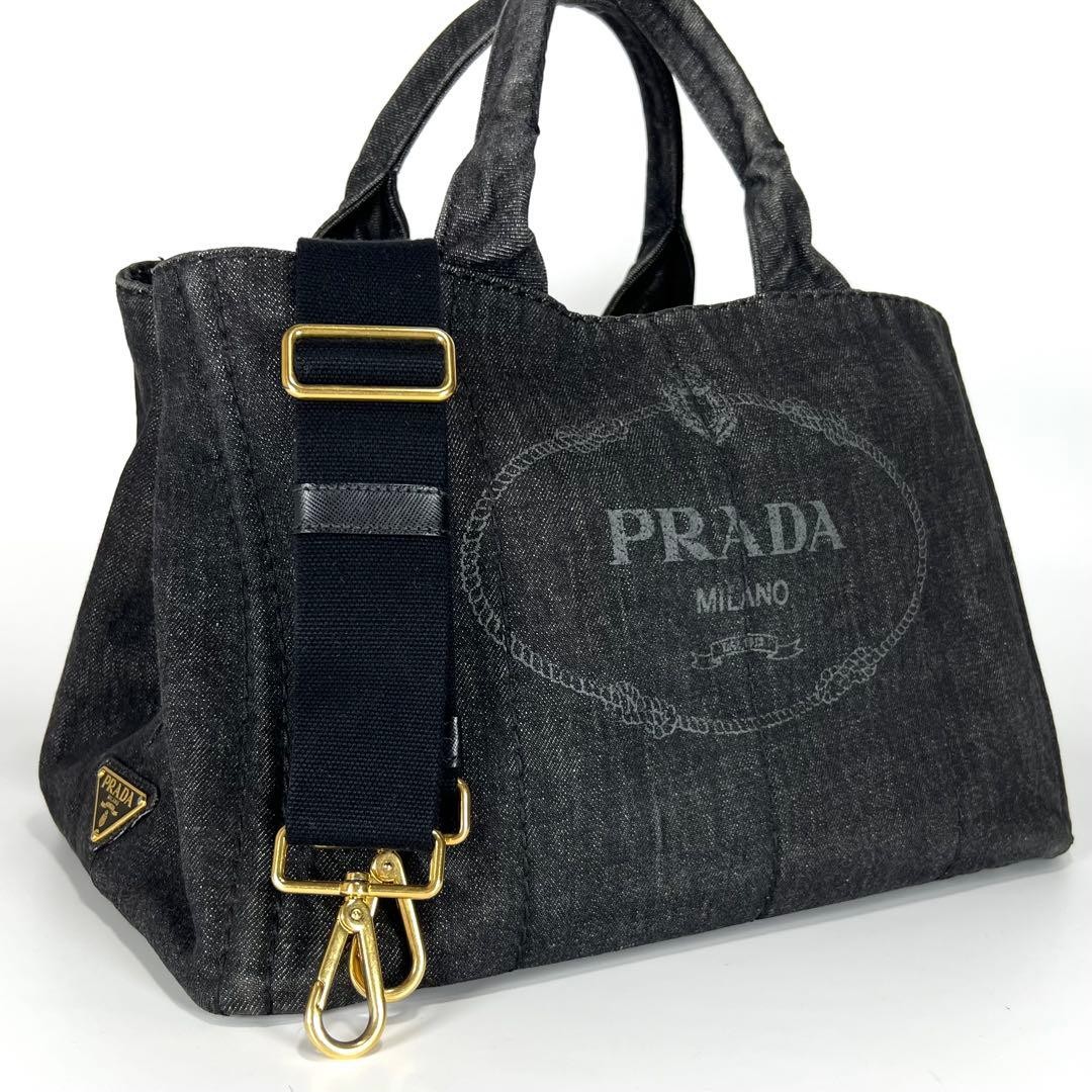 PRADA Canapa Canvas Tote Bag Gray Black Denim 2Way Shoulder Large Capacity