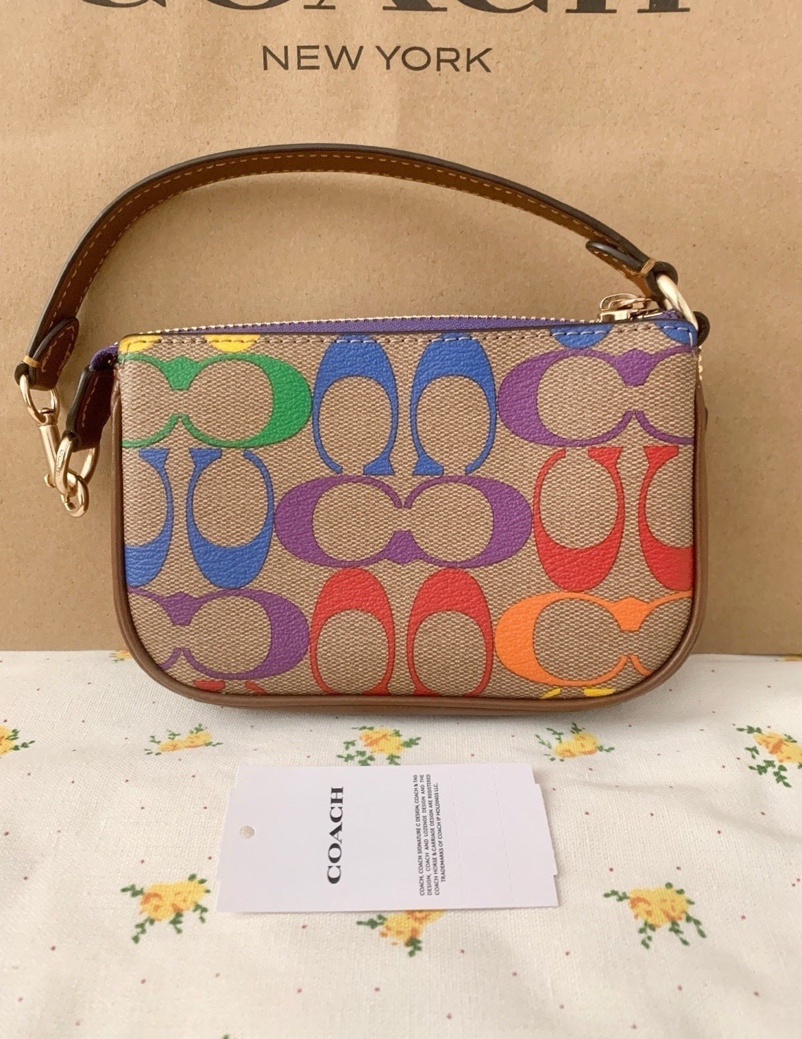 NWT Coach Rowan Bucket Bag In Rainbow Signature Canvas CDA92 Sand Multi