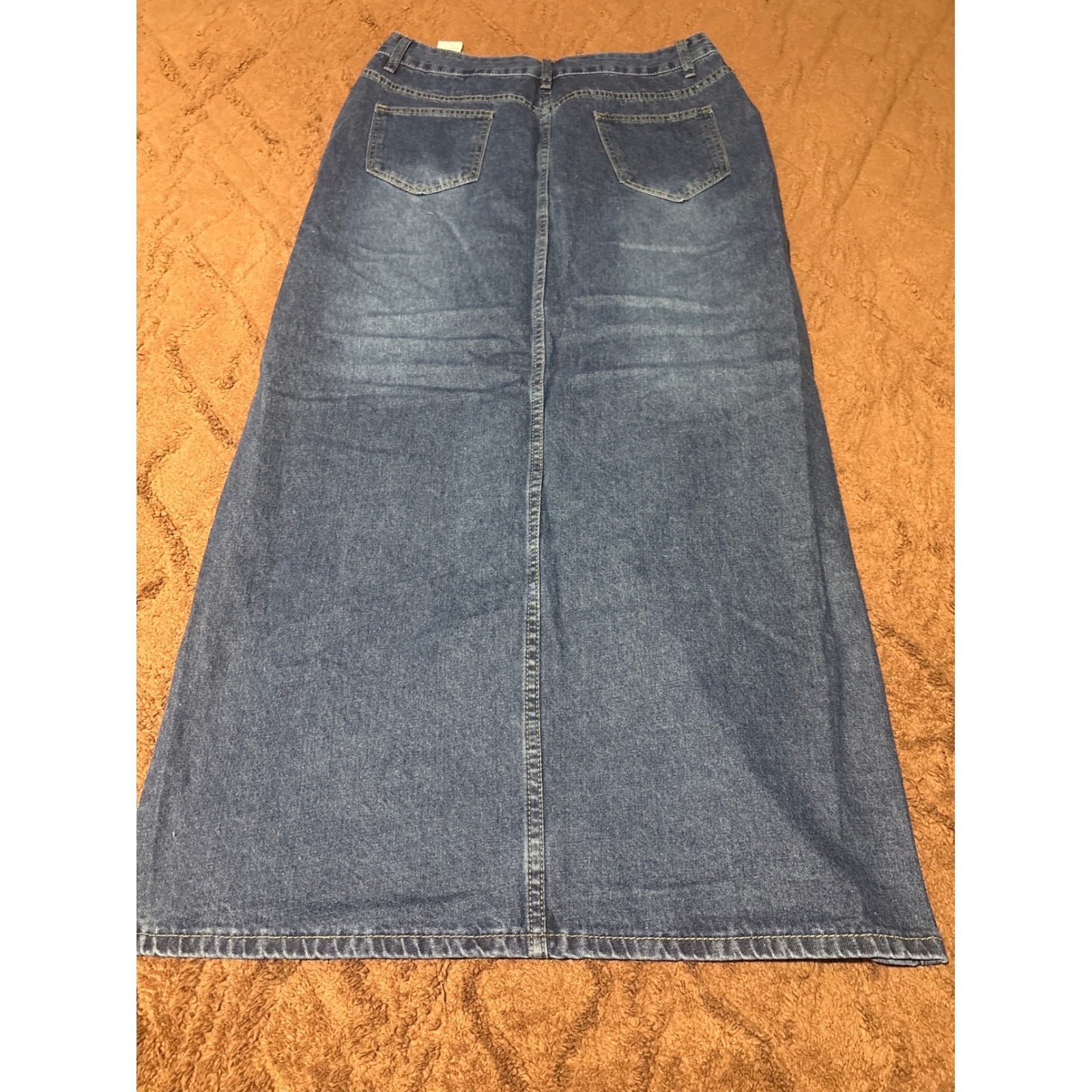 Blue Denim Maxi Skirt High Waisted Two Tone Asymmetrical Slit Long Jean Skirt