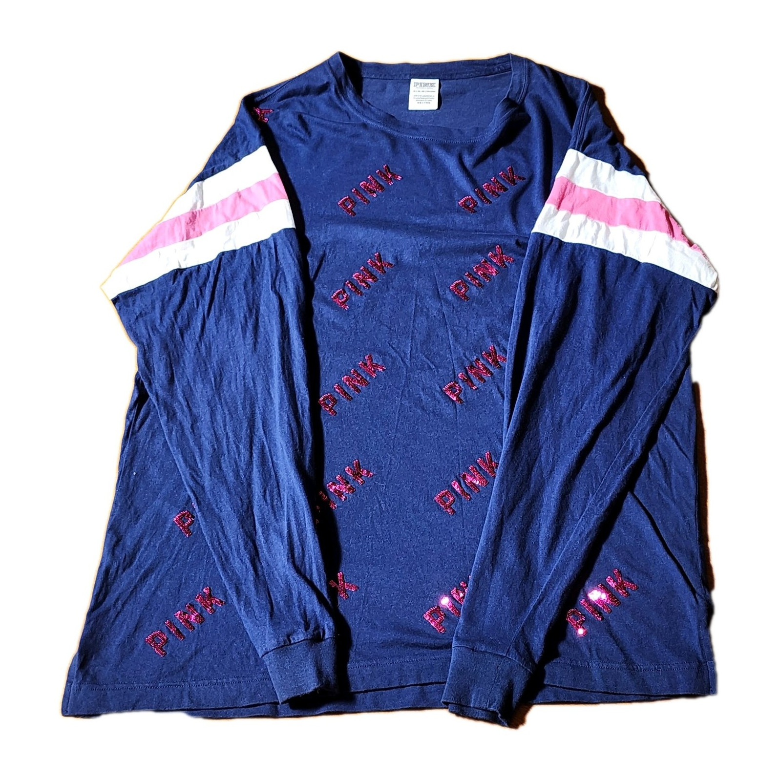 Victoria’s Secret PINK Long Sleeve Bling Shirt Navy Blue Sequin Varsity Stripe X