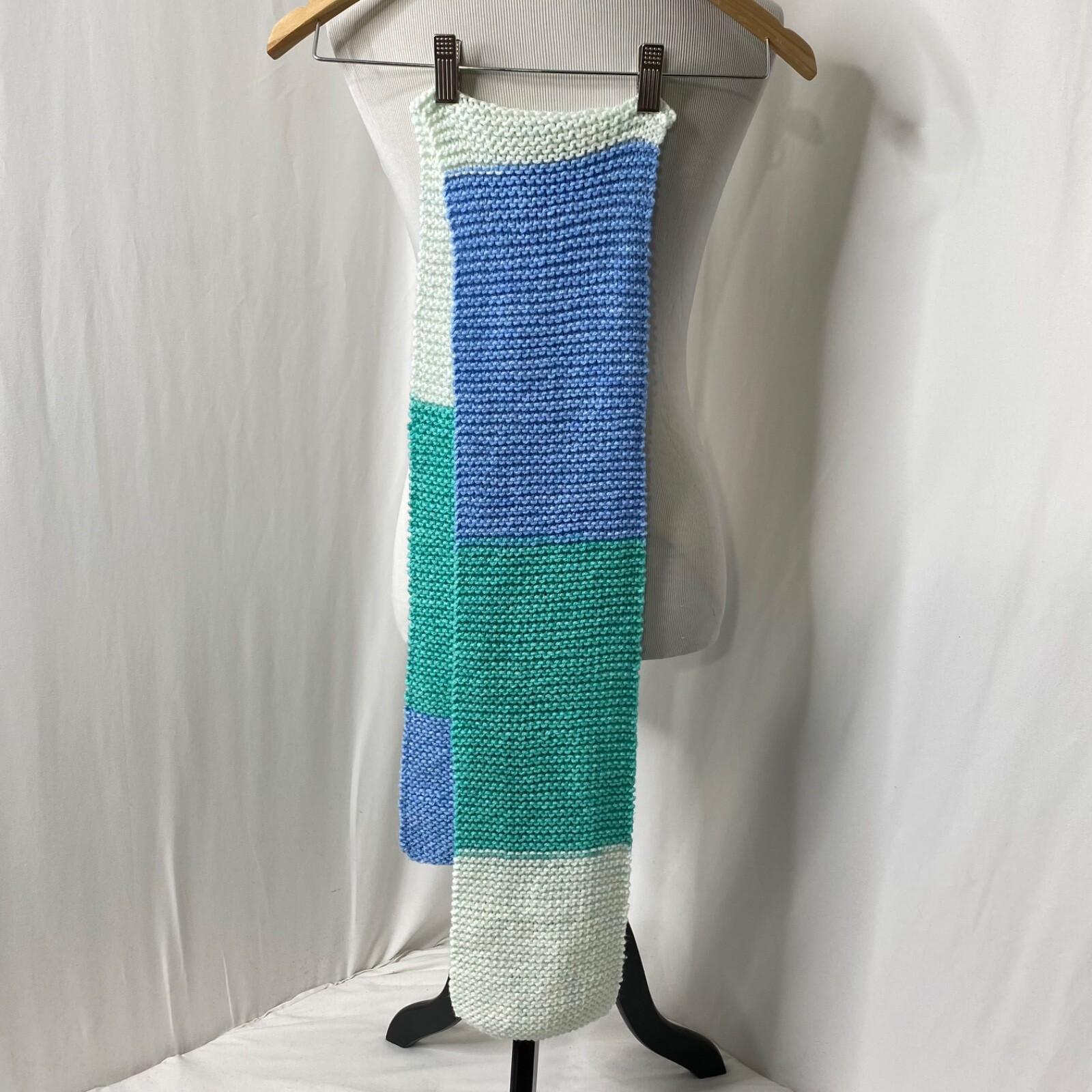 Crochet Knit Scarf Handmade Blue Green White 6.5 Inches X 64 Inches