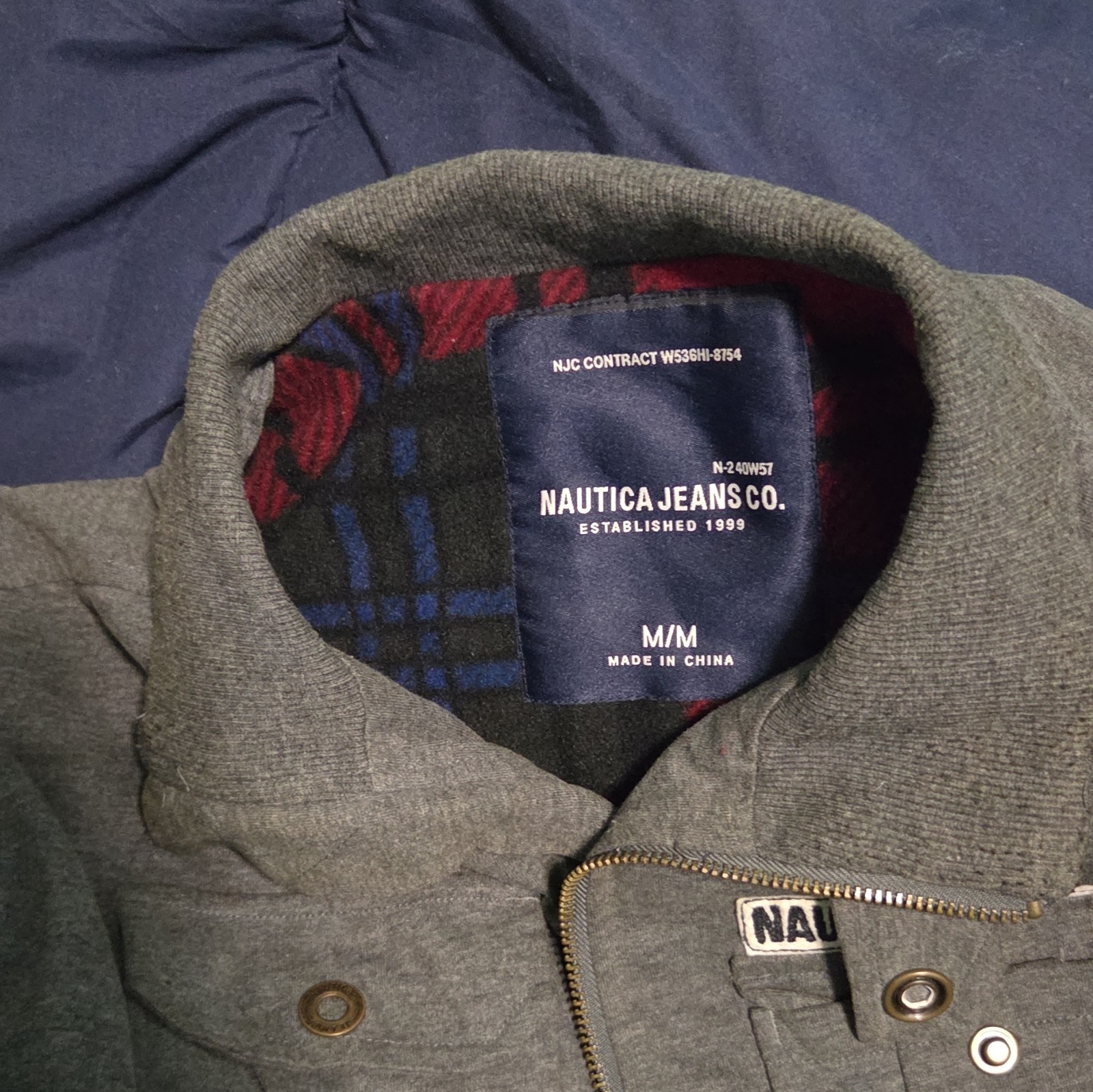 Nautica Jeans Co. Men’s Gray Full Zip Jacket Stand-Up Collar Plaid Lined M