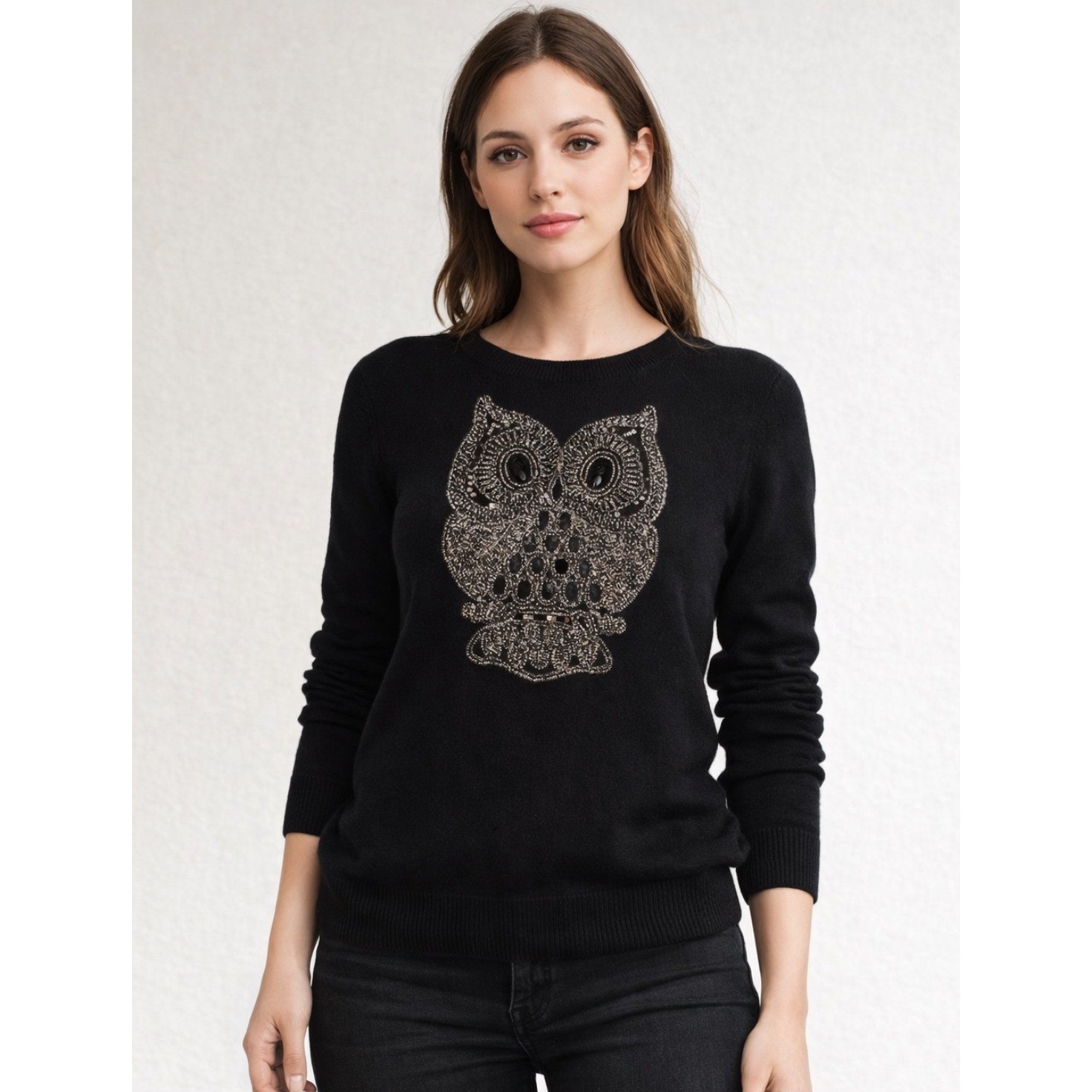 H&M Womens Angora Blend Pullover Sweater L Embellished Owl Whimsigoth Witchy