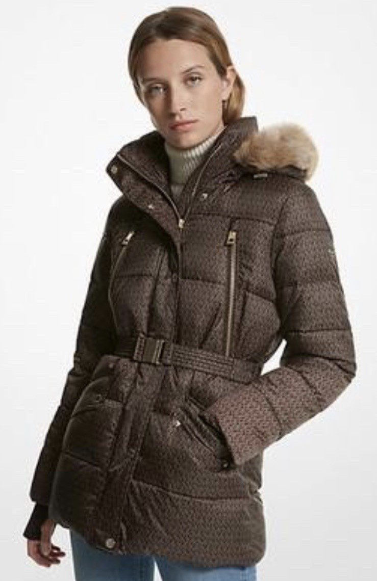 Michael Kors Faux Fur Trim Quilted Belted Puffer Jacket Chocolate Brown XXL $375