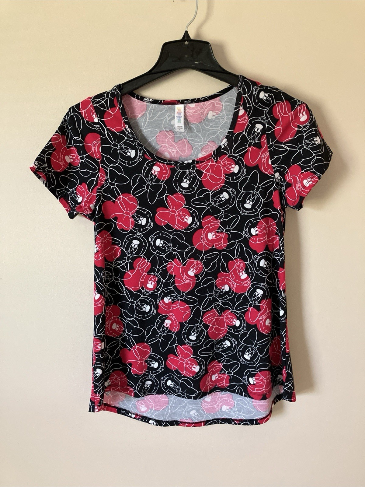 LuLaRoe Minnie Mouse Disney Black Pink White Short Sleeve Tunic Top Women’s Sz M