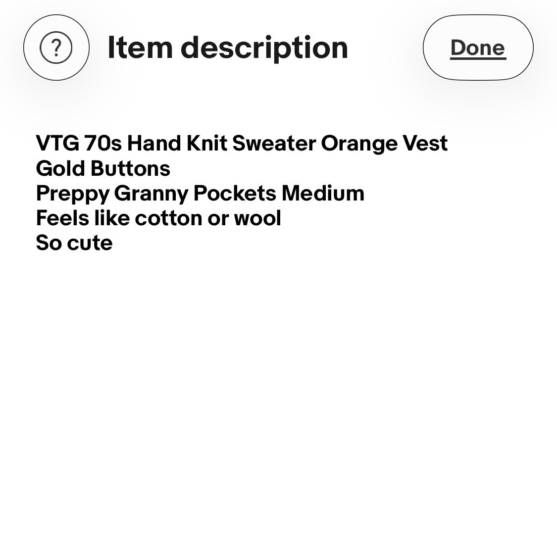VTG 70s Hand Knit Sweater Orange Vest Gold Buttons Preppy Granny Pockets Medium