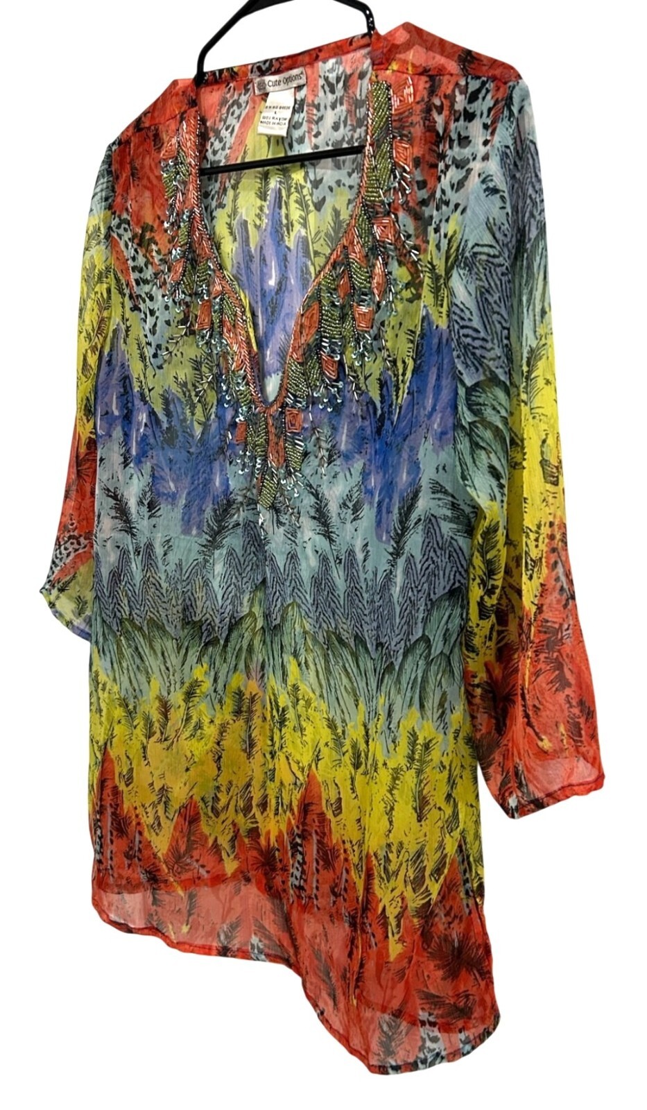 Cute Options Bohemian Multicolor Sheer Tunic Top Sz Large Embellished Beaded