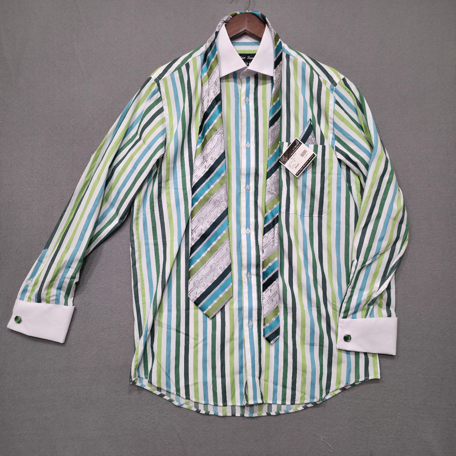 Fortino Landi Mens Muliticolor Dress Shirt with Tie/Cufflinks/H.Sz 15/15.5-34/35