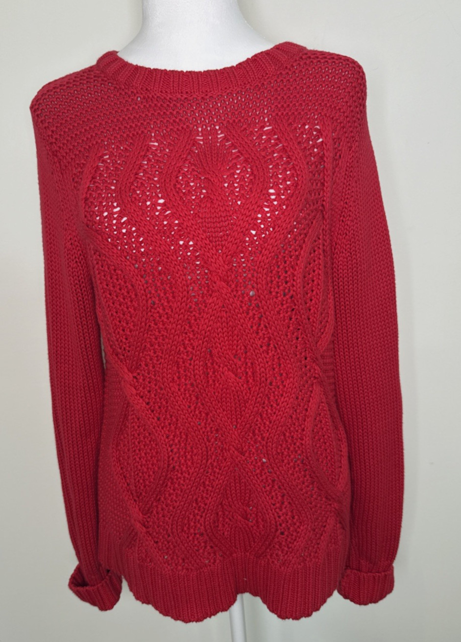Lands End Drifter Sweater Womens Small Red Chunky Cable Knit Fisherman Cabin S