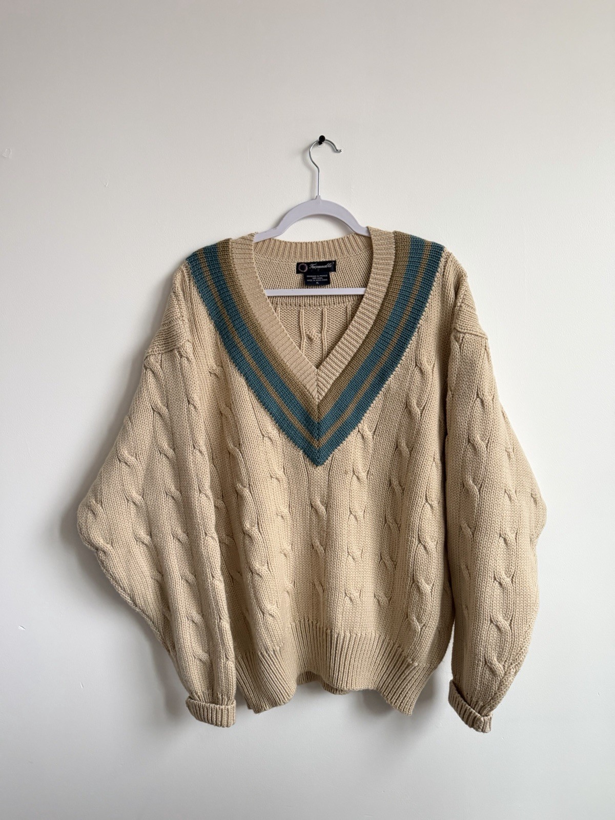 Faconnable Beige Blue Green Cable-Knit V-Neck Pullover Sweater XL Striped Trim