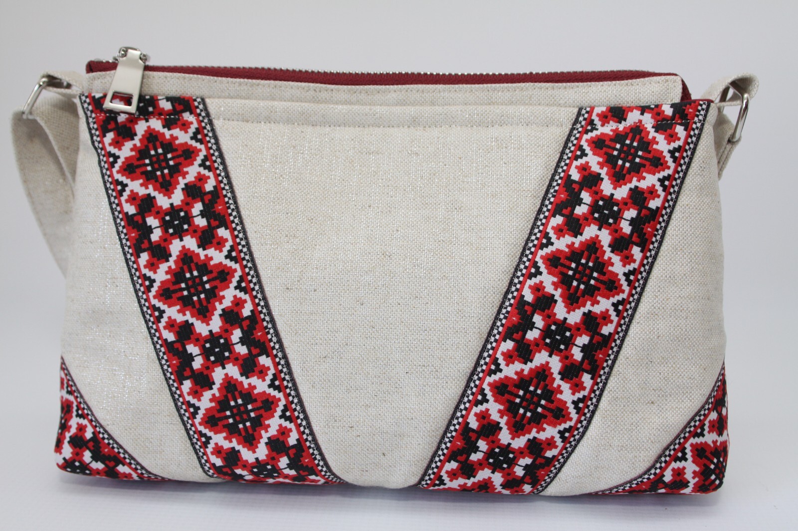 Handmade Beige Shiny Cotton Bag Adjustable Strap Red Accent Two Pockets.