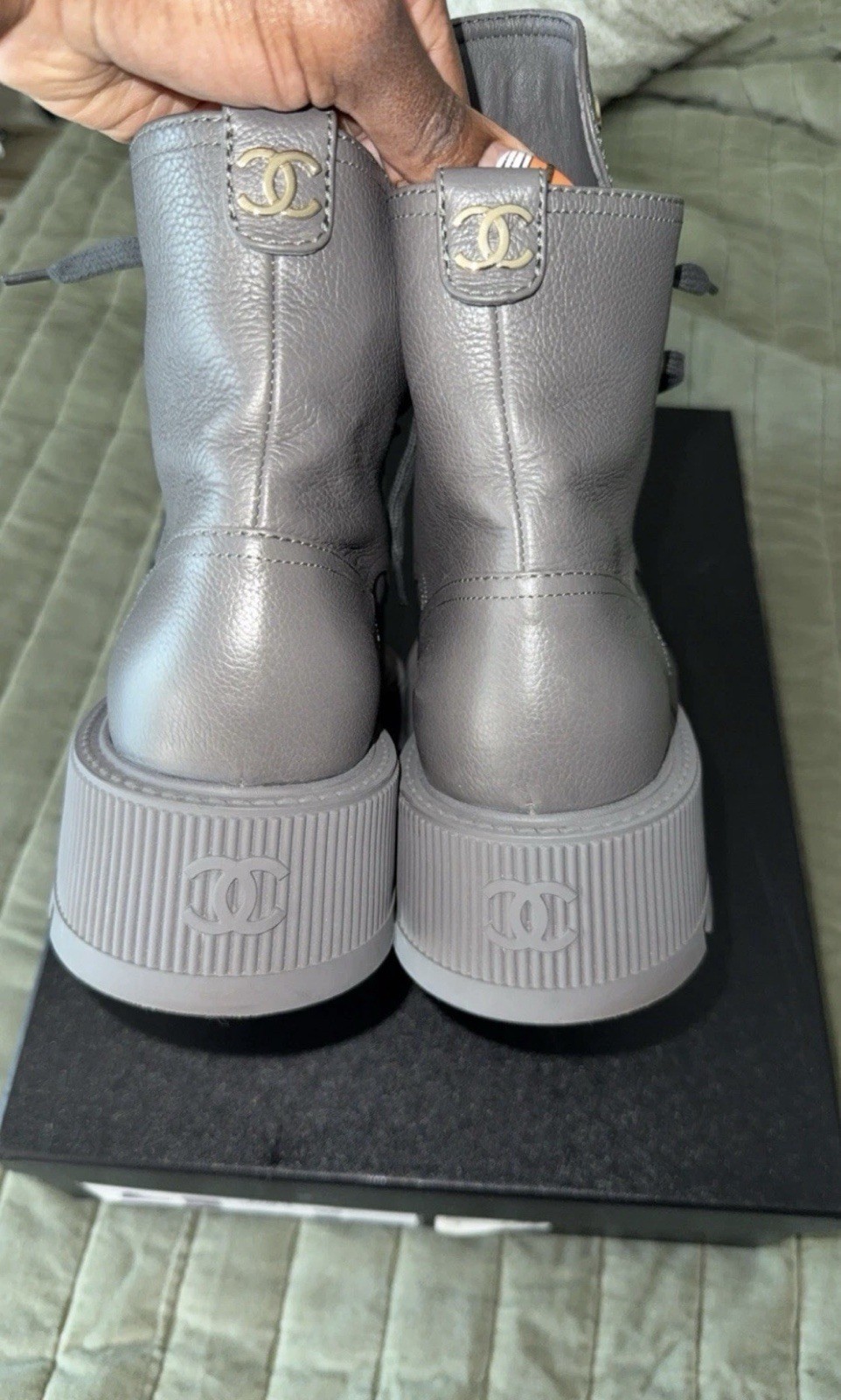 NEW Ultimate CHANEL Gray & Black Lace-Up Leather Combat Boots LOGOS CC Sz 40.5