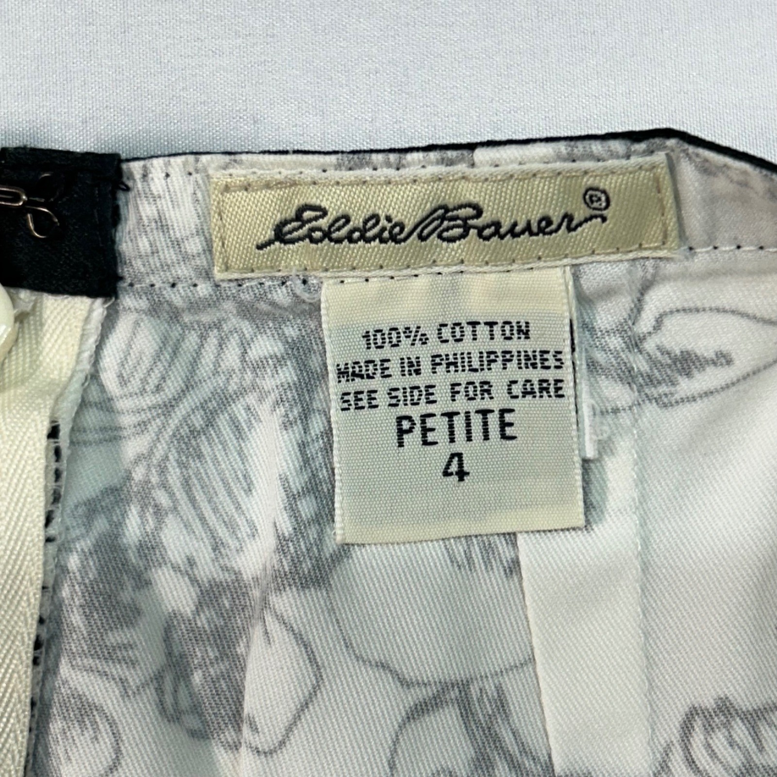 Eddie Bauer Womens Petite 4 White Black Floral Sketch Cotton A-Line Skirt